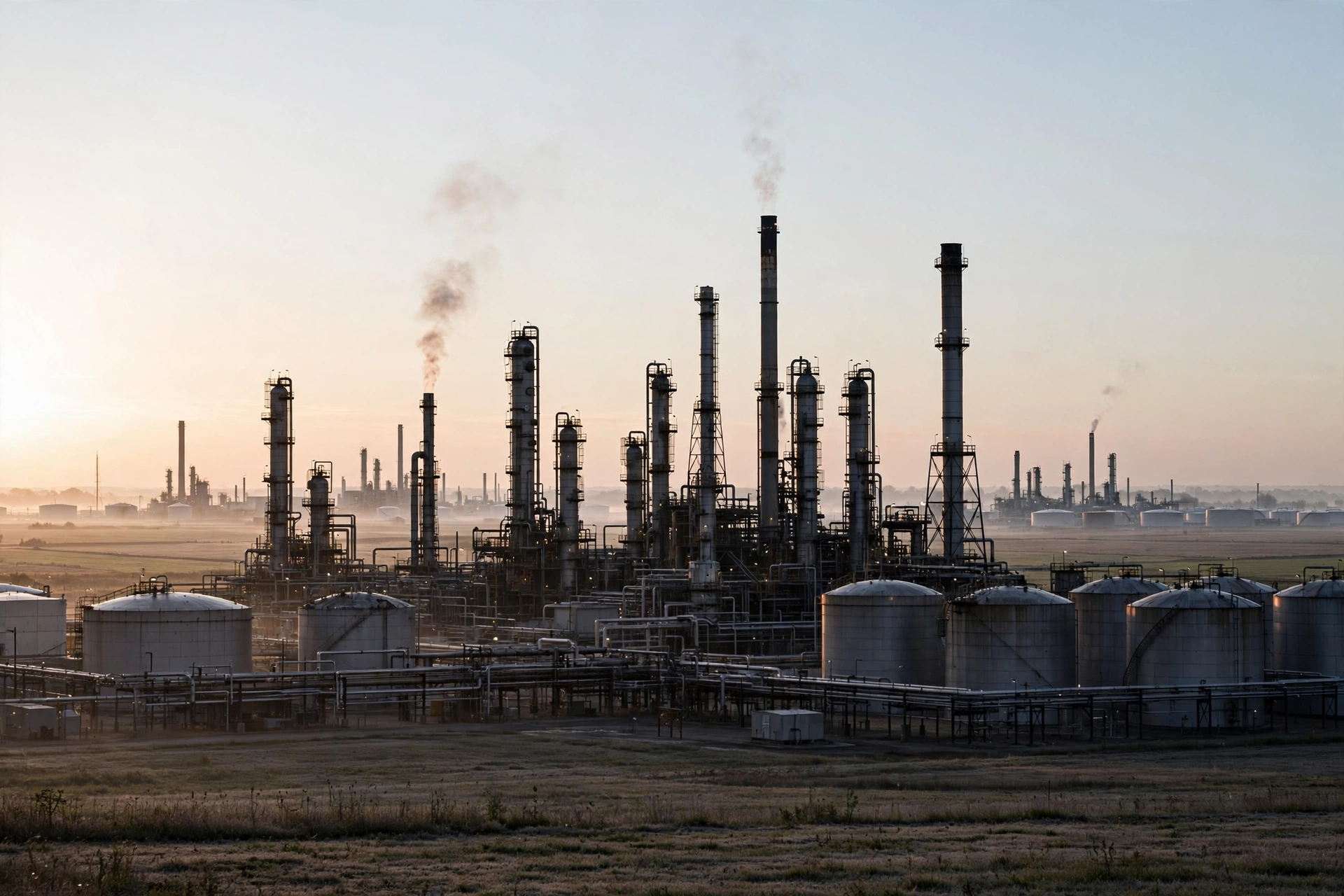 Industrial refinery towers and storage tanks on flat land at sunrise in Oregon, Ohio