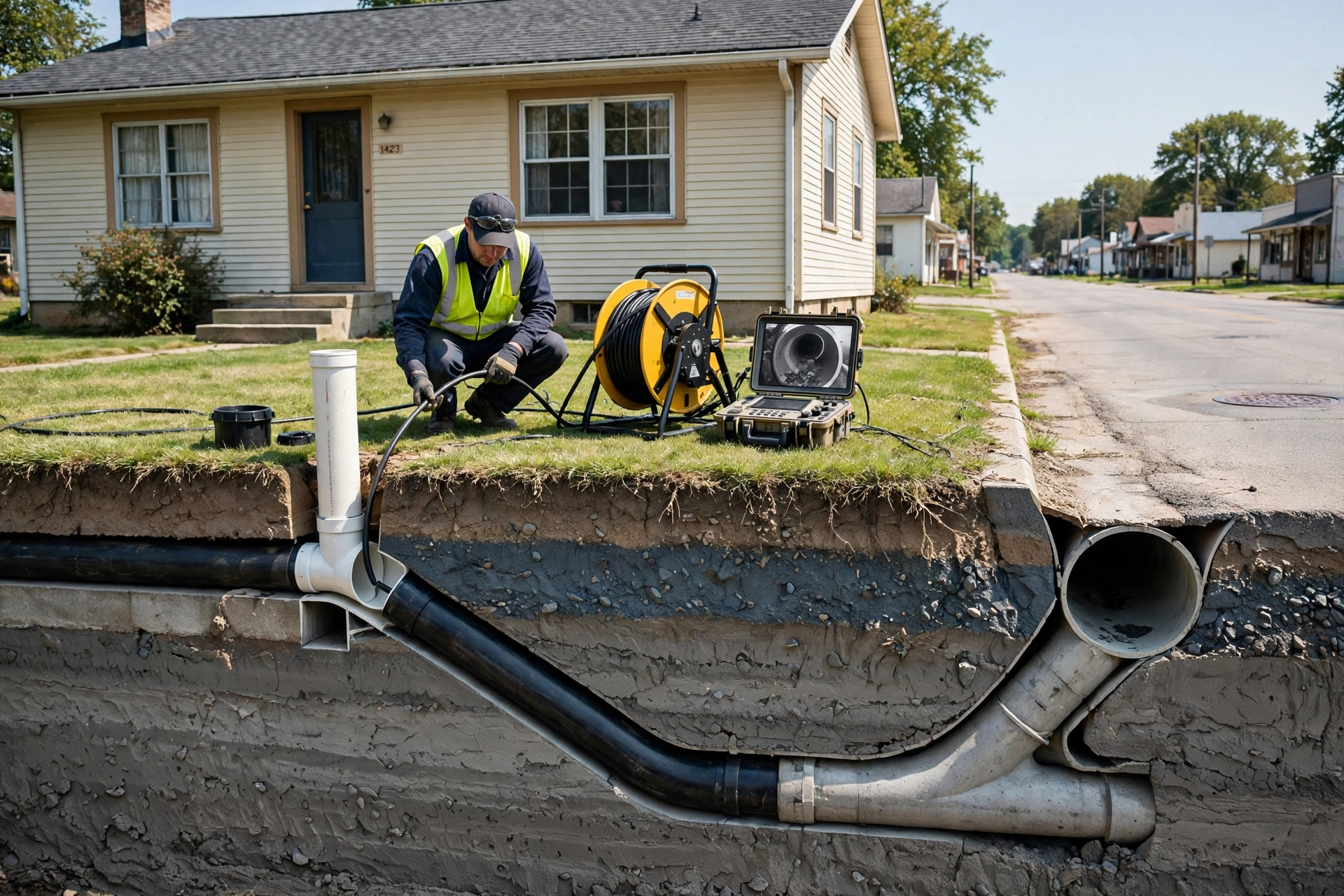 Technician requirementding a sewer camera cable into a cleanout at a 1950s Ohio ranch house, camera reel and monitor on the lawn, flat clay soil cutaway showing the lateral to the street