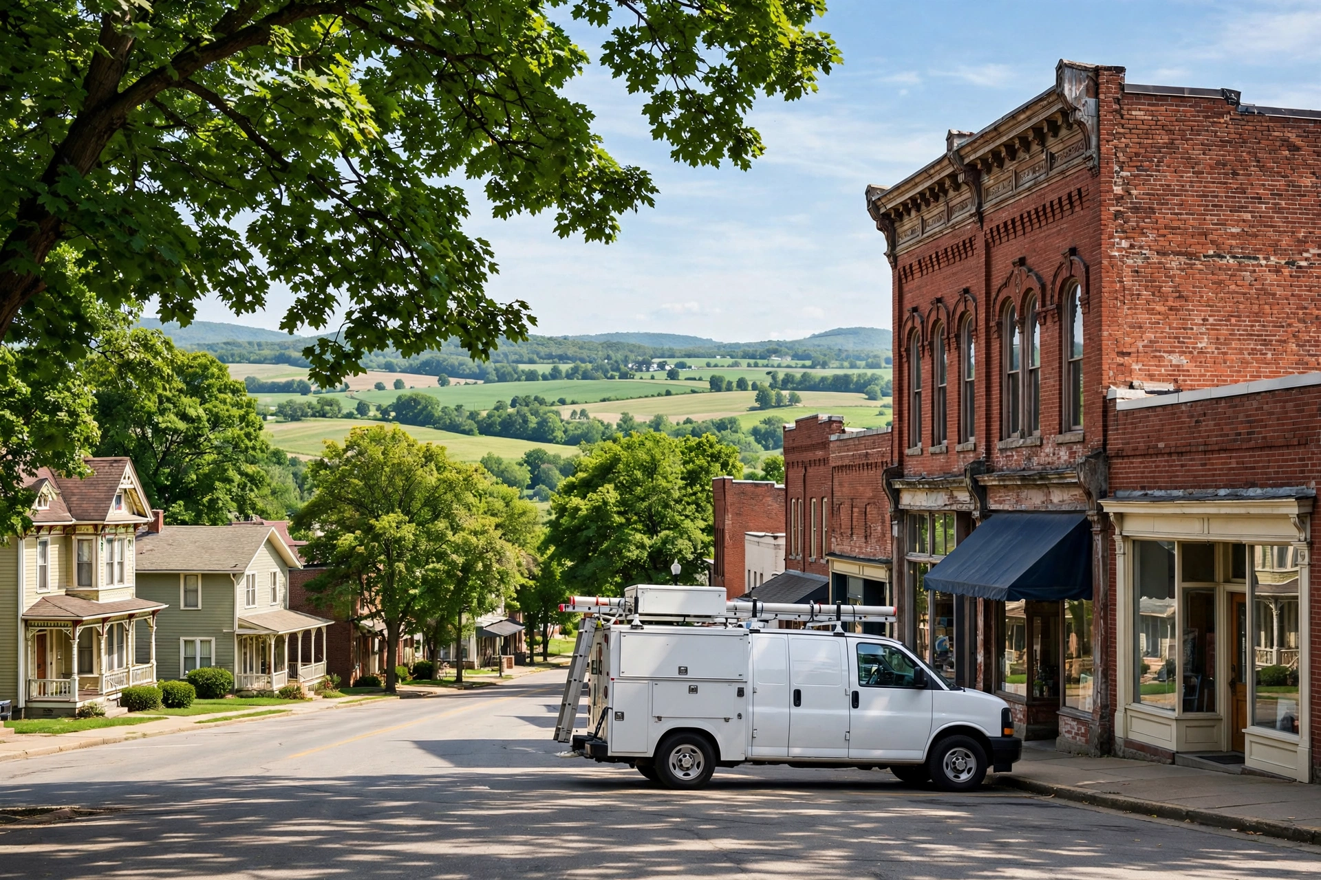 Ohio Sewer Masters service van on a tree-lined main street in a small Ohio city, historic brick storefronts and houses with rolling countryside beyond