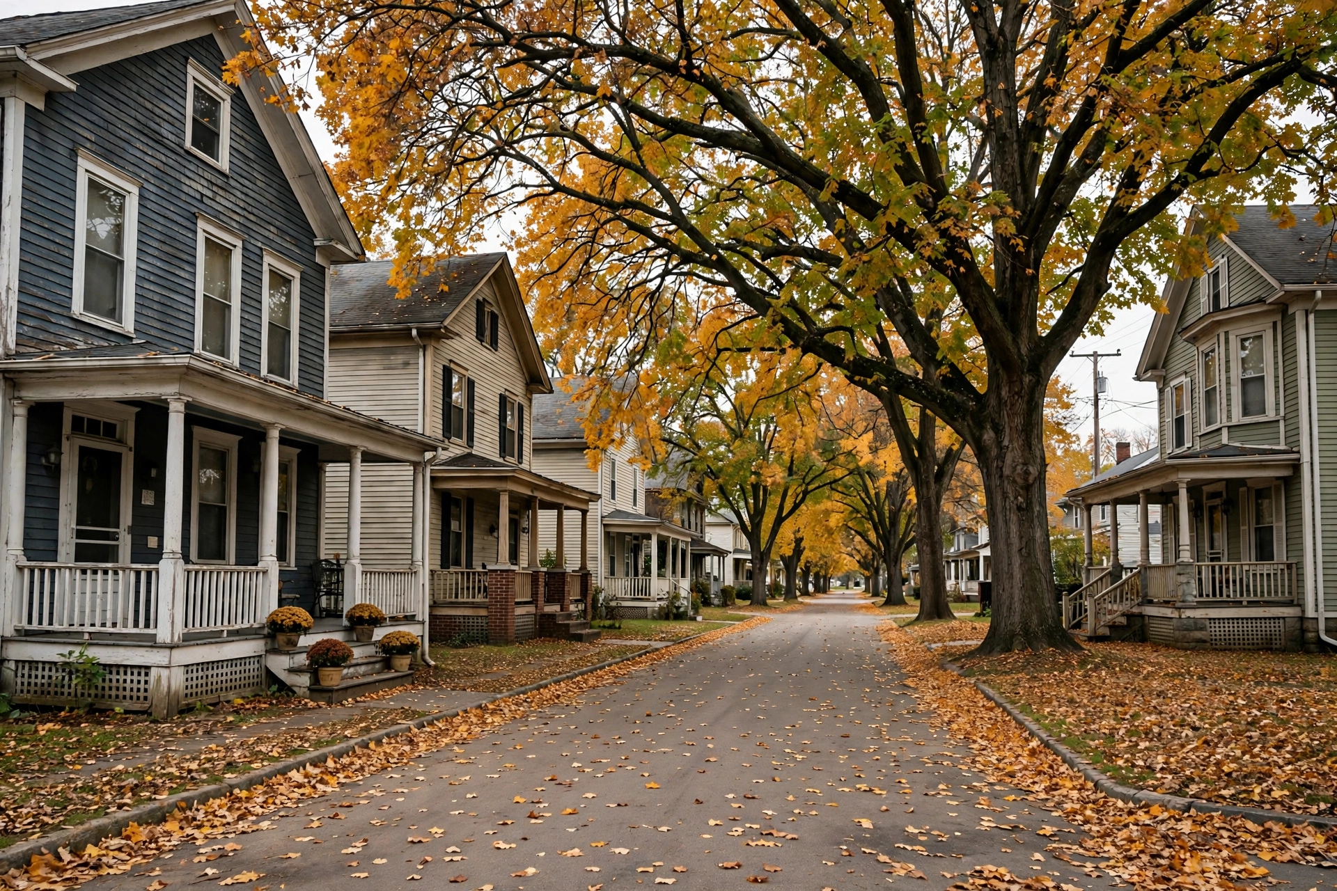 Quiet Oxford Ohio residential street with older rental homes, large shade trees, and fall leaves