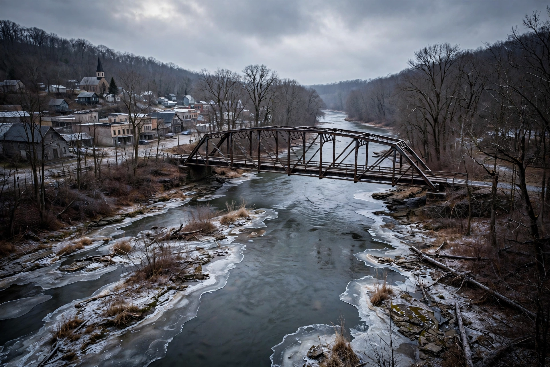 The Grand River flowing through Painesville, Ohio in late winter, with wooded banks, a historic bridge, and ice along the edges
