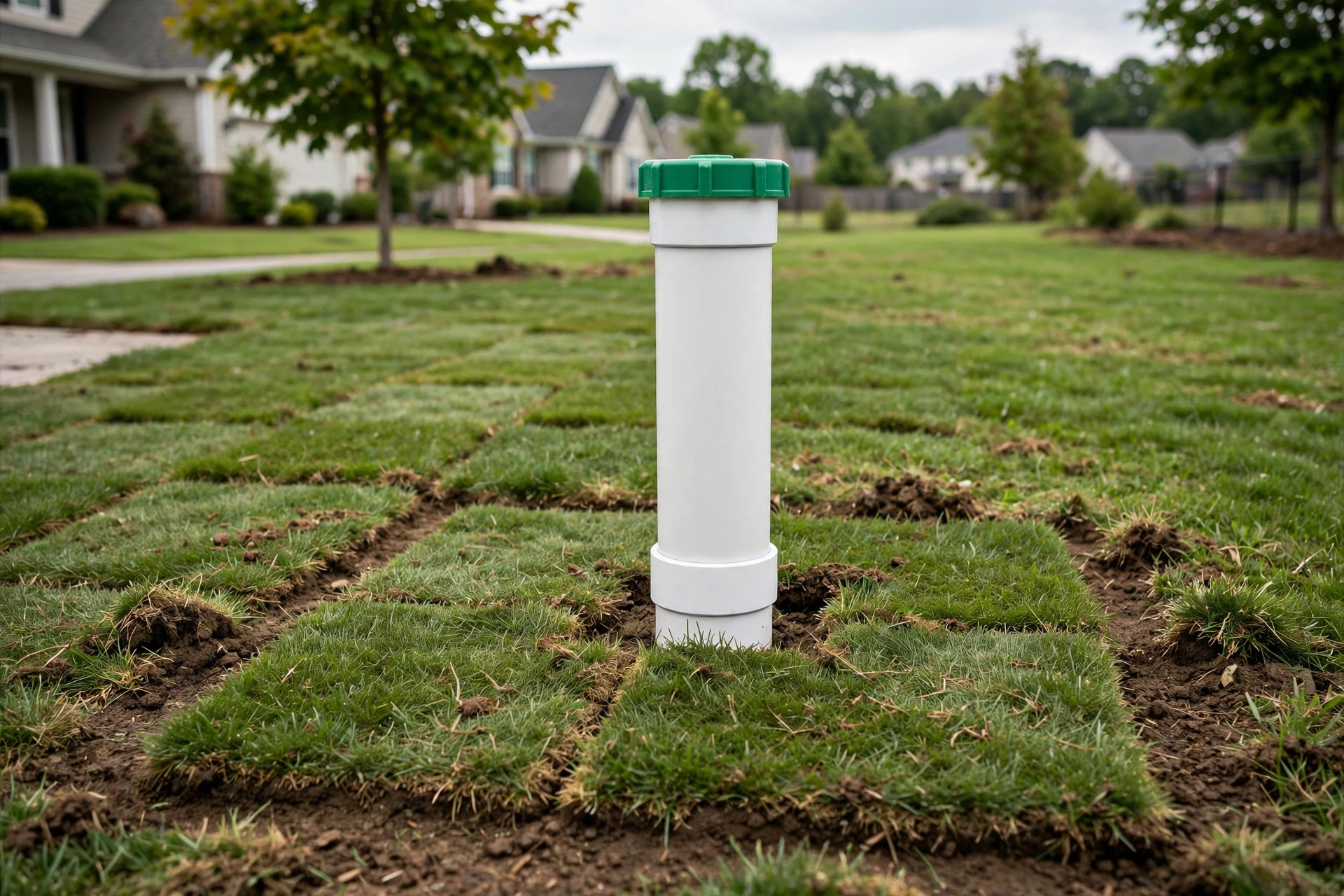 New white PVC sewer cleanout riser with a green cap installed in a suburban front yard with fresh sod restoration