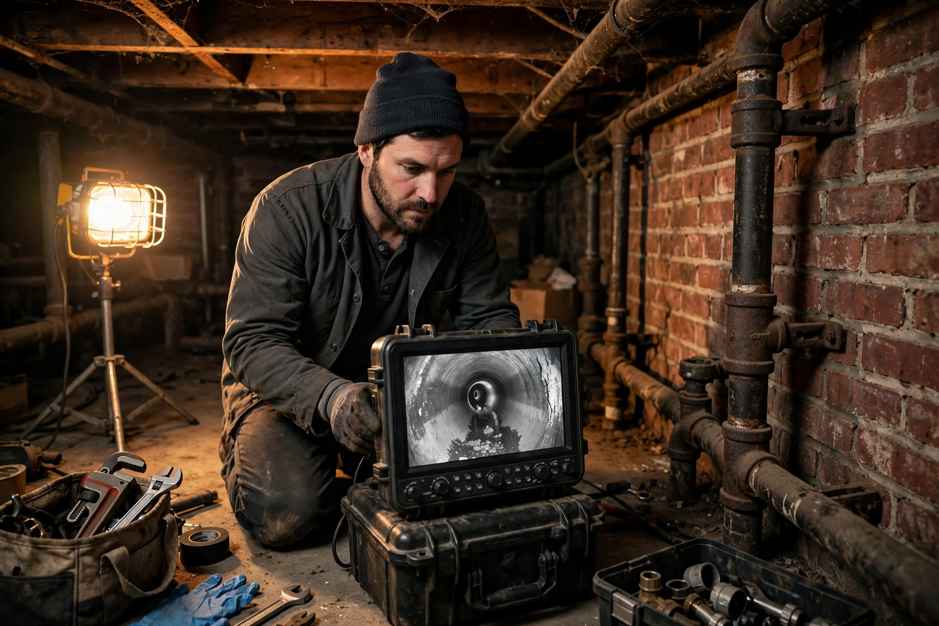 Sewer camera inspection technician in the basement of a 1950s brick ranch home in Parma, Ohio, with old cast iron pipes on the wall