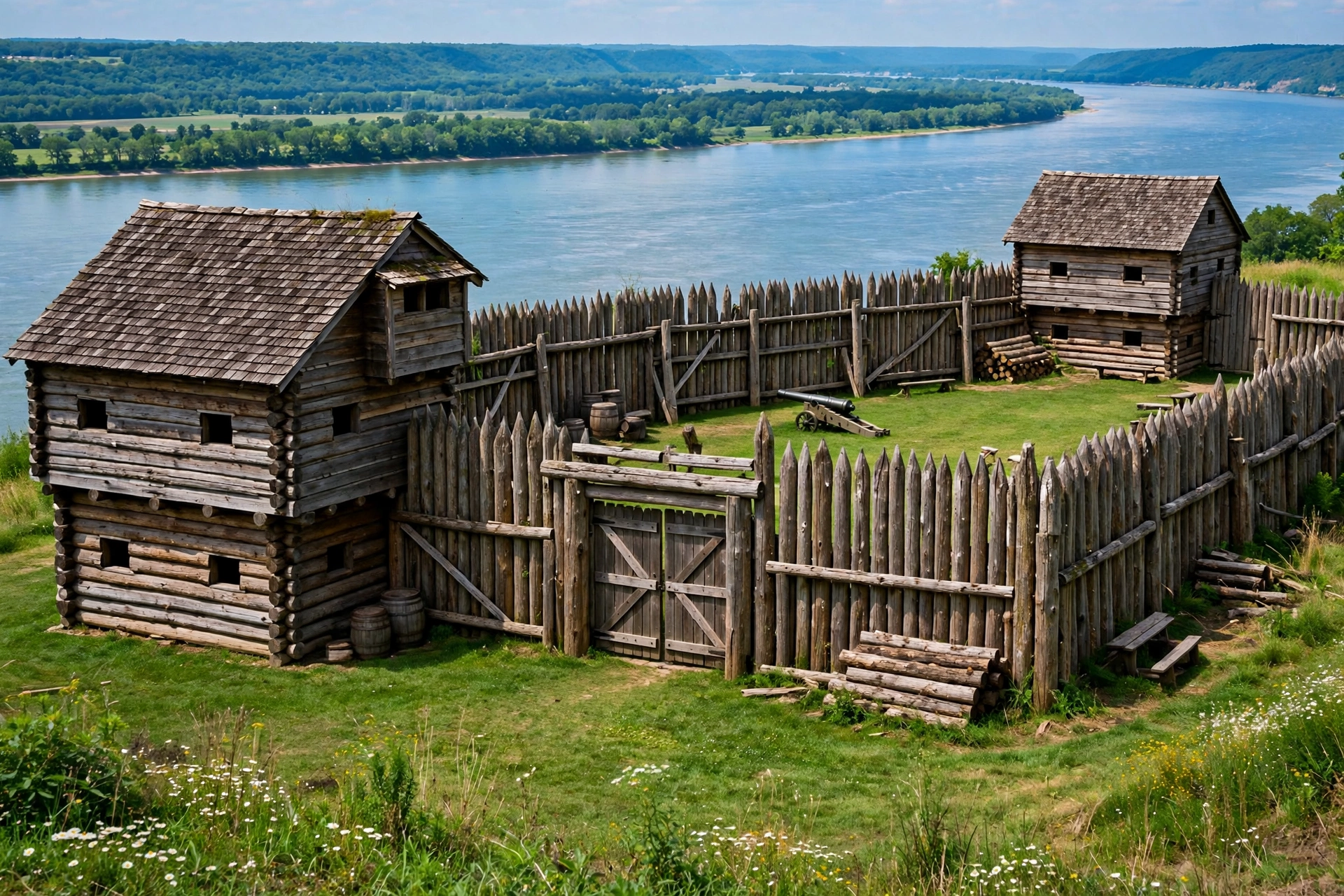 Reconstructed wooden palisade fort on a grassy bluff overlooking the Maumee River in Perrysburg, Ohio