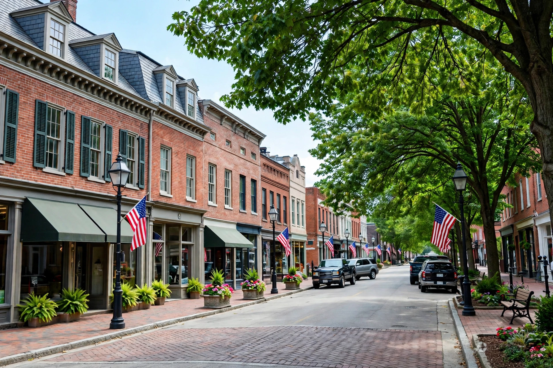 Historic brick storefronts and shade trees on a main street in Perrysburg, Ohio