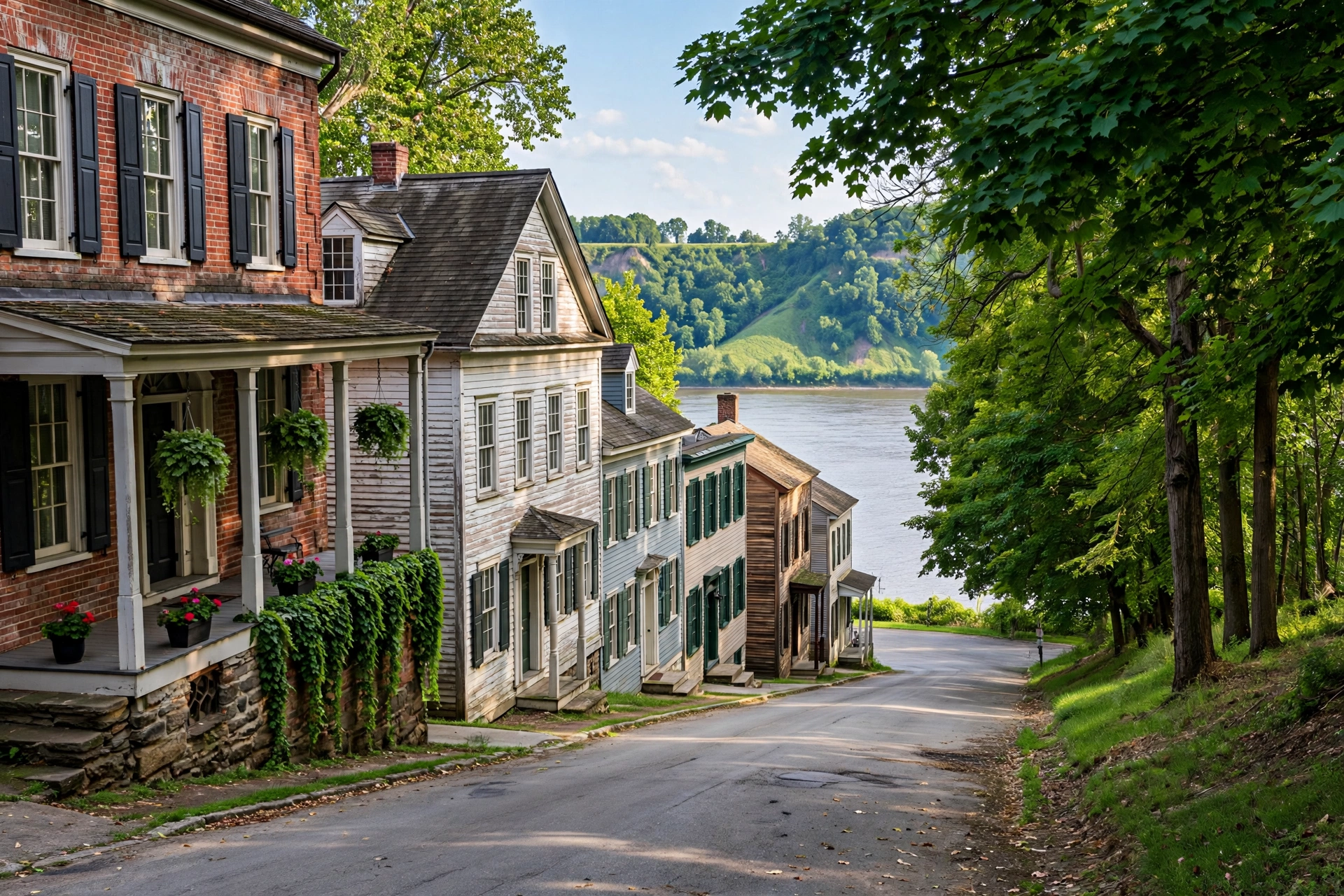 Historic brick and clapboard buildings on a tree-lined street sloping down to the Maumee River in Perrysburg, Ohio