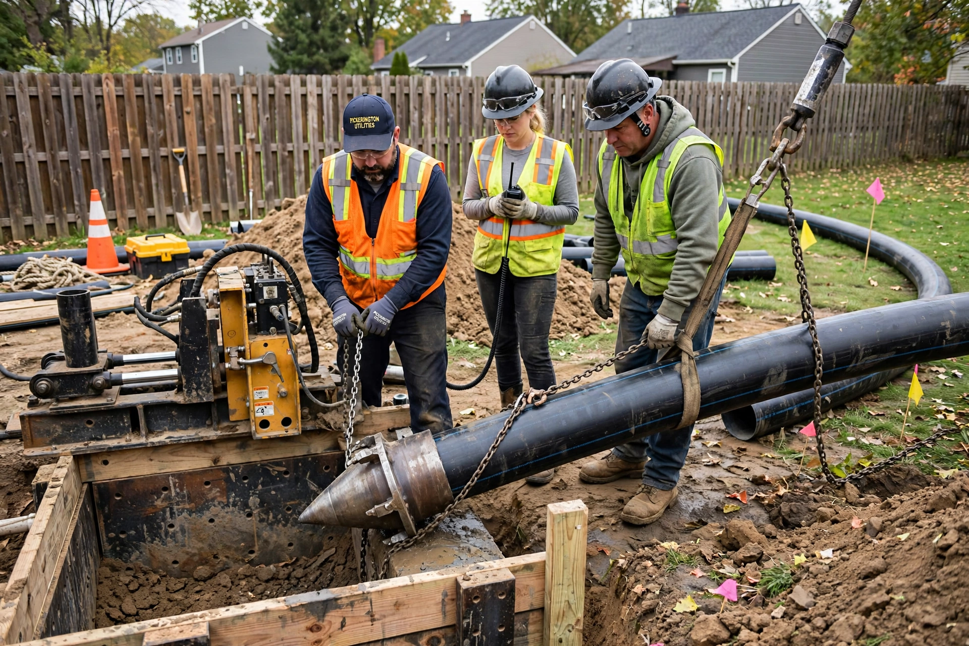 Pipe bursting entry pit with new black HDPE pipe being pulled underground in a Pickerington, Ohio front yard