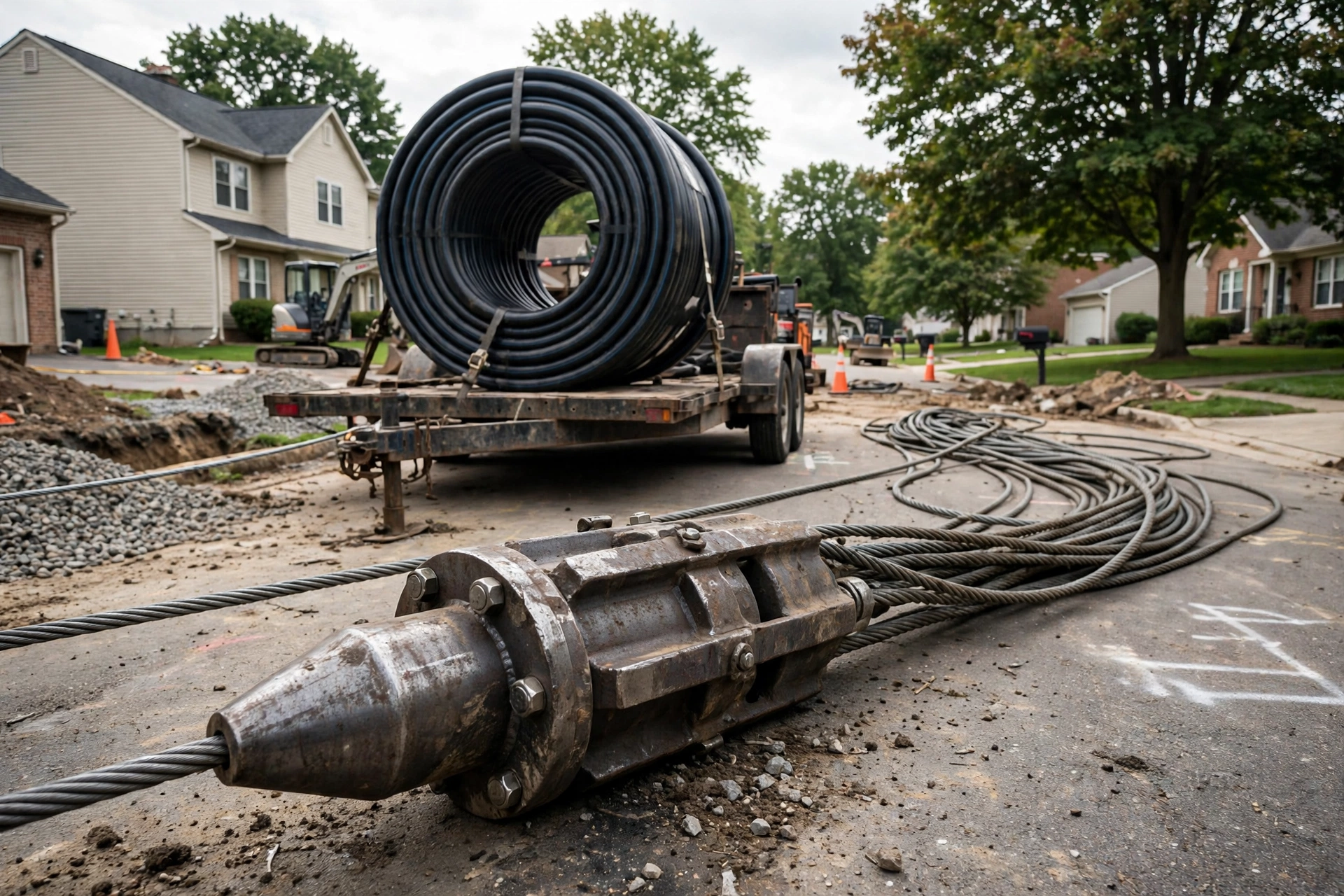Coiled black HDPE pipe on a trailer with a steel bursting head and pulling cables at an Ohio sewer replacement job site