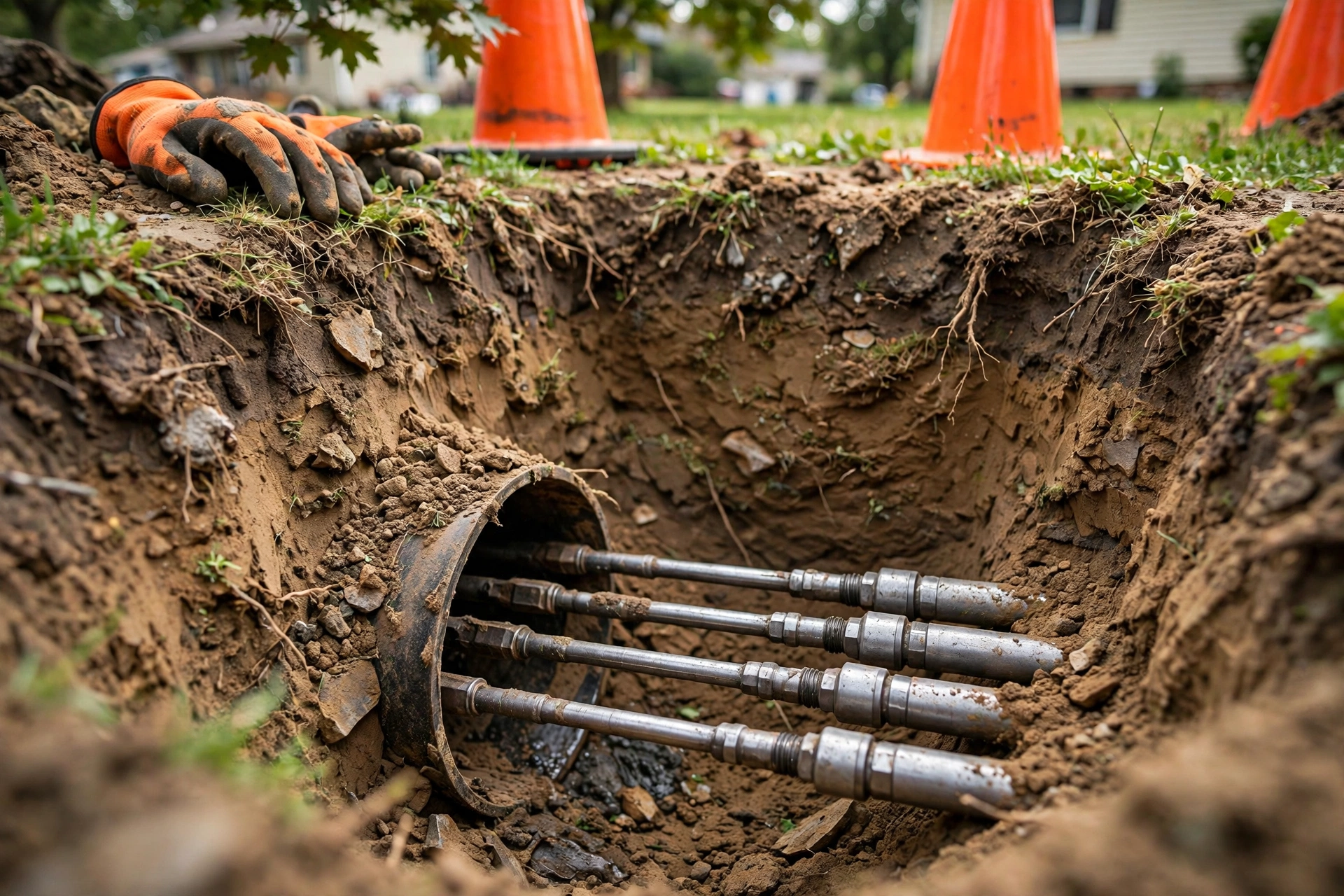 Close-up of a small excavated entry pit for pipe bursting with hydraulic rods extending into the old sewer pipe