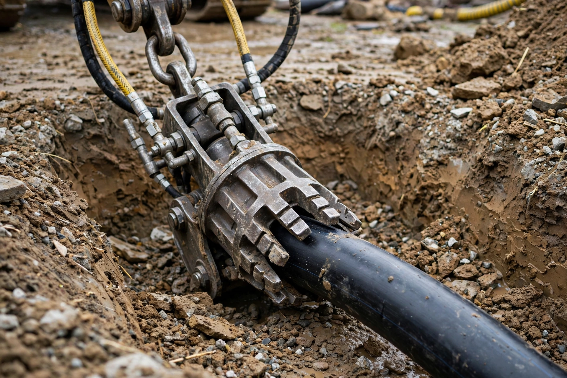 Close-up of pipe bursting equipment and bursting head used to shatter old sewer pipe and pull in new pipe