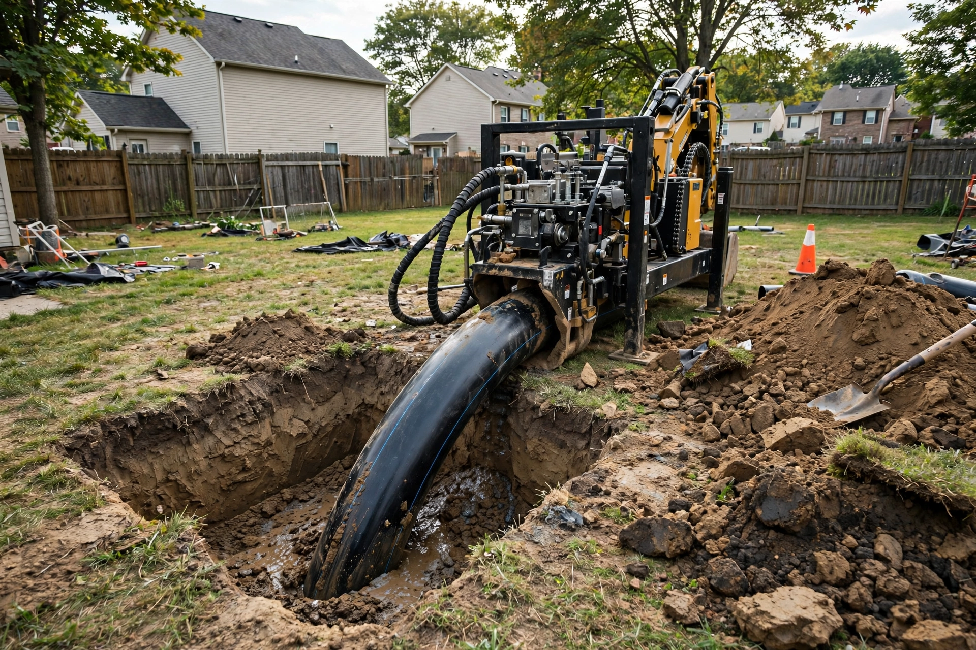 Pipe bursting operation in an Ohio backyard with new black HDPE pipe being pulled through the ground from a small entry pit