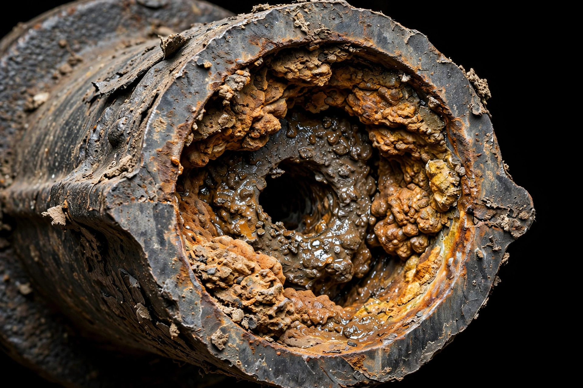 Close-up cross-section of an old cast iron sewer pipe showing heavy orange-brown mineral scale and corrosion tubercles narrowing the interior