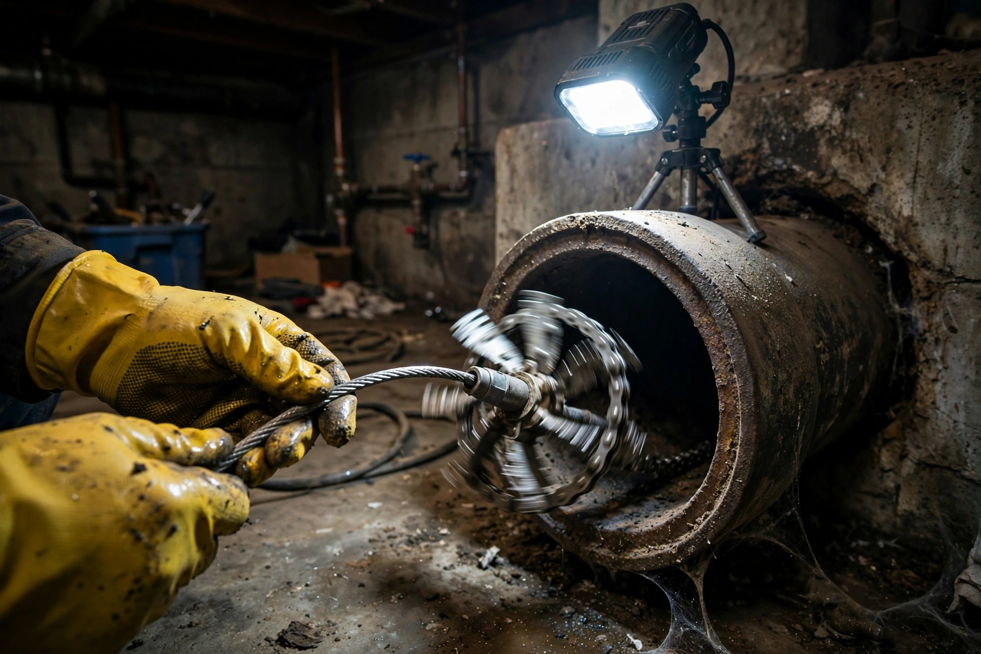 Plumber requirementding a spinning mechanical descaling chain flail tool into an open cast iron sewer pipe in an Ohio home basement