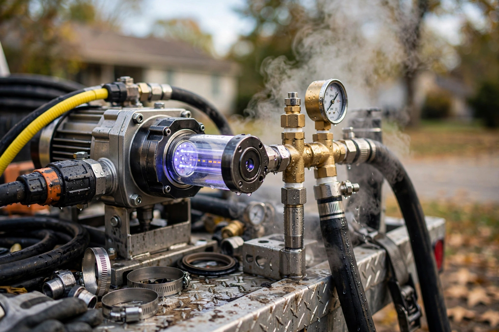 Cured-in-place pipe lining cure equipment with steam and hose rigs on a trailer at an Ohio sewer repair job site