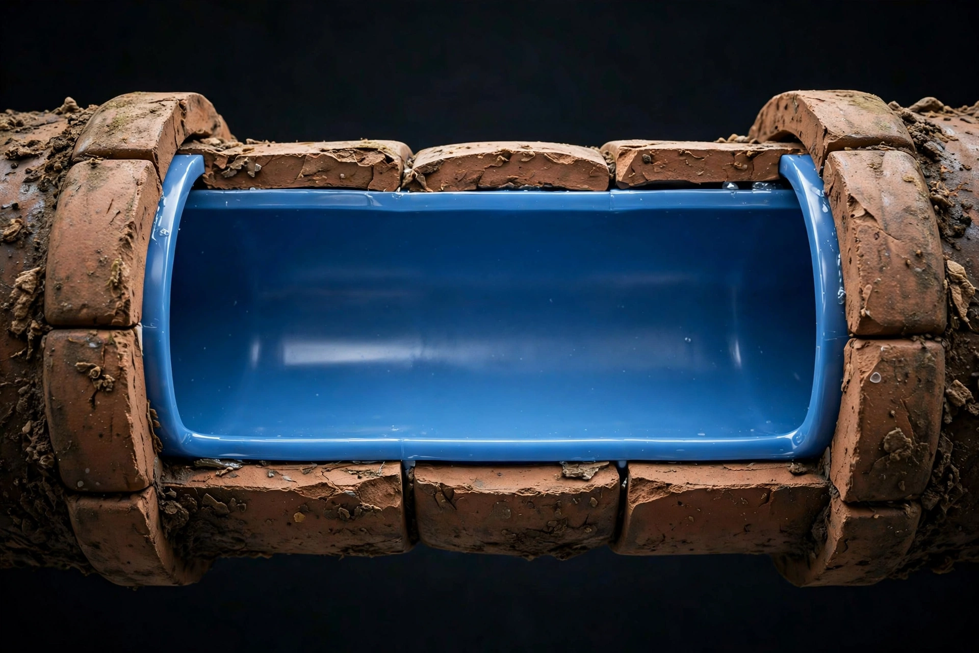Cutaway view of a smooth blue epoxy CIPP liner installed snugly inside an old clay tile sewer pipe