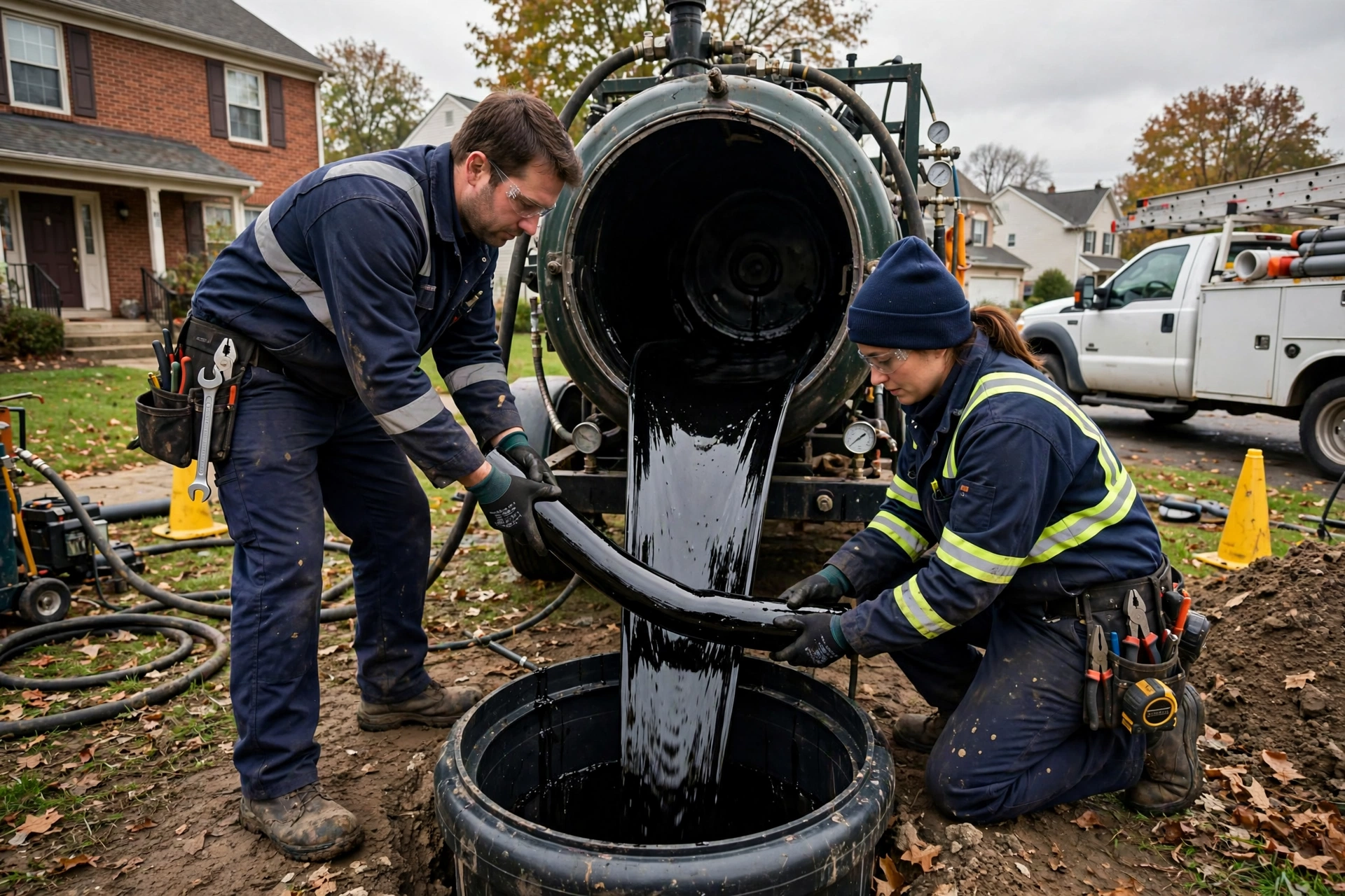 Two technicians feeding a resin-soaked cured-in-place pipe liner into a sewer cleanout at an Ohio home during a CIPP lining job