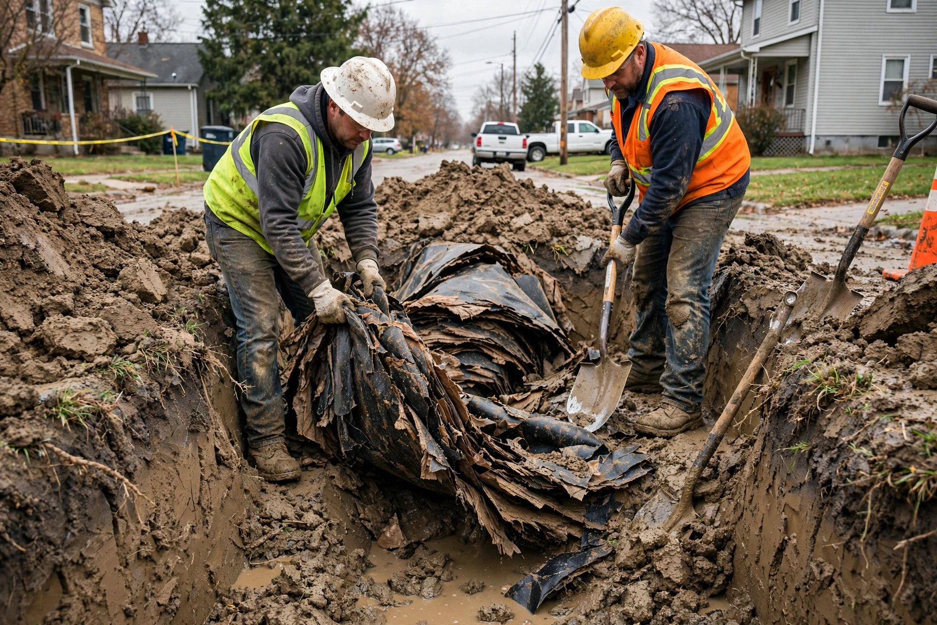 Excavated trench showing a collapsed flattened section of old Orangeburg sewer pipe being removed