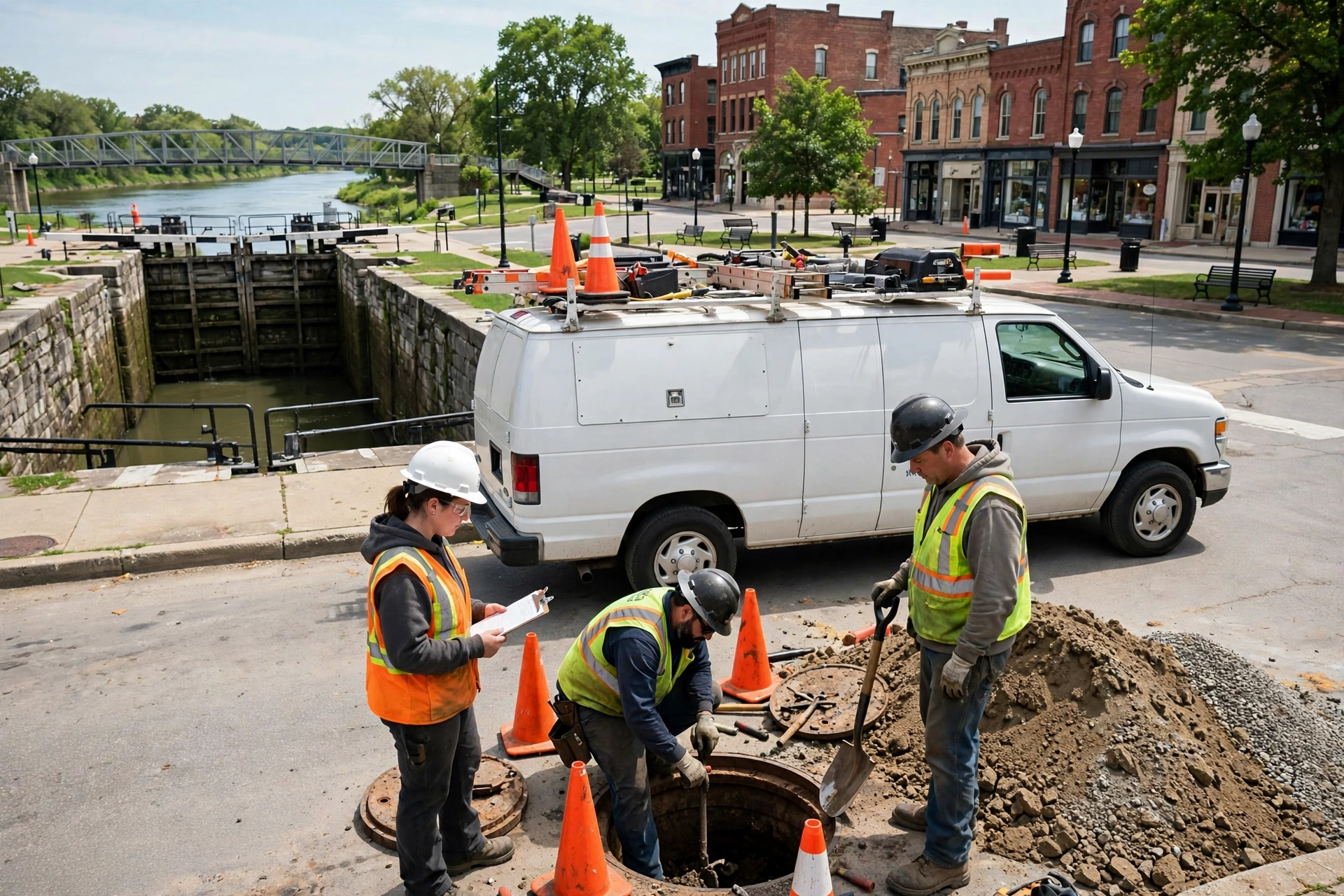 Sewer repair crew with service van working on a downtown Piqua street near the riverfront park