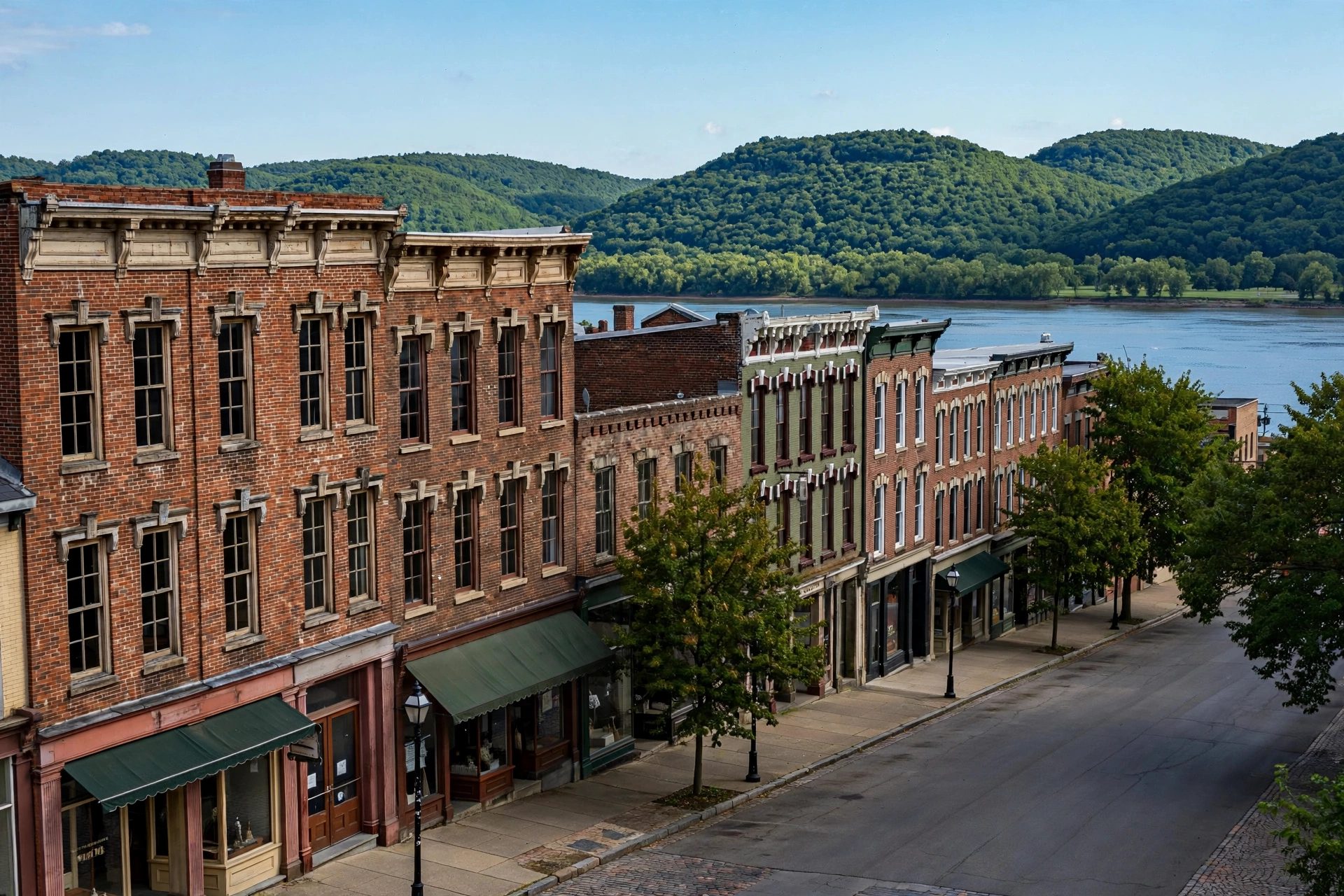 Historic Boneyfiddle district in Portsmouth Ohio, 19th century brick commercial buildings with Ohio River hills behind