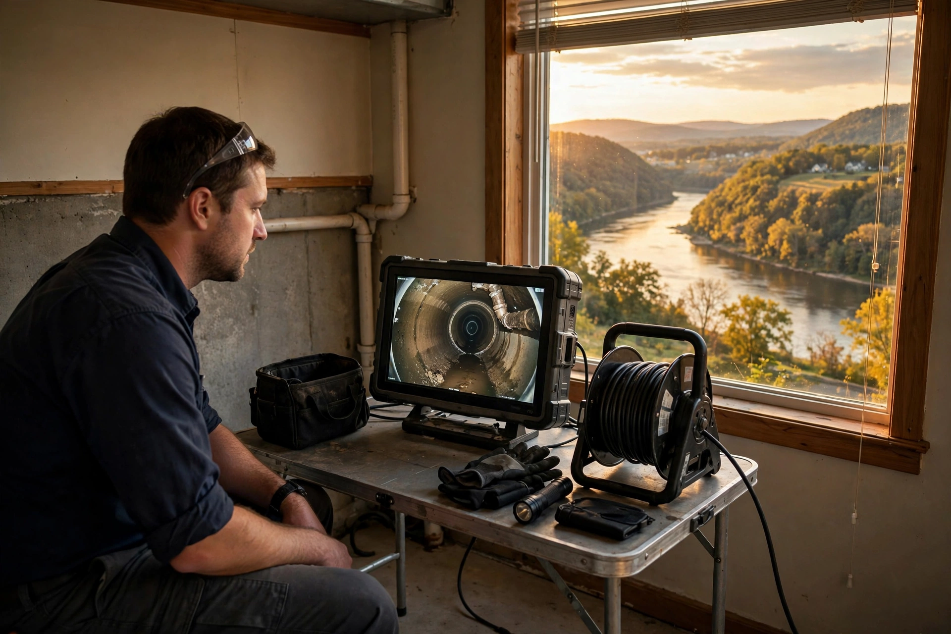 Sewer camera inspection at a Portsmouth Ohio home with a view of the Ohio River valley, technician watching the pipe interior on a monitor
