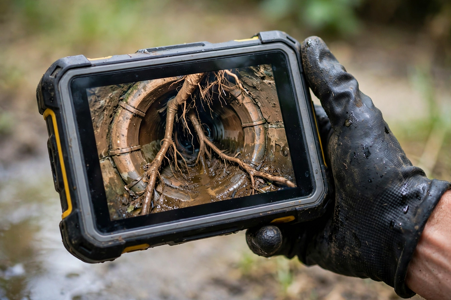 Close-up of a sewer camera monitor showing tree roots growing through the joints of an old clay sewer pipe