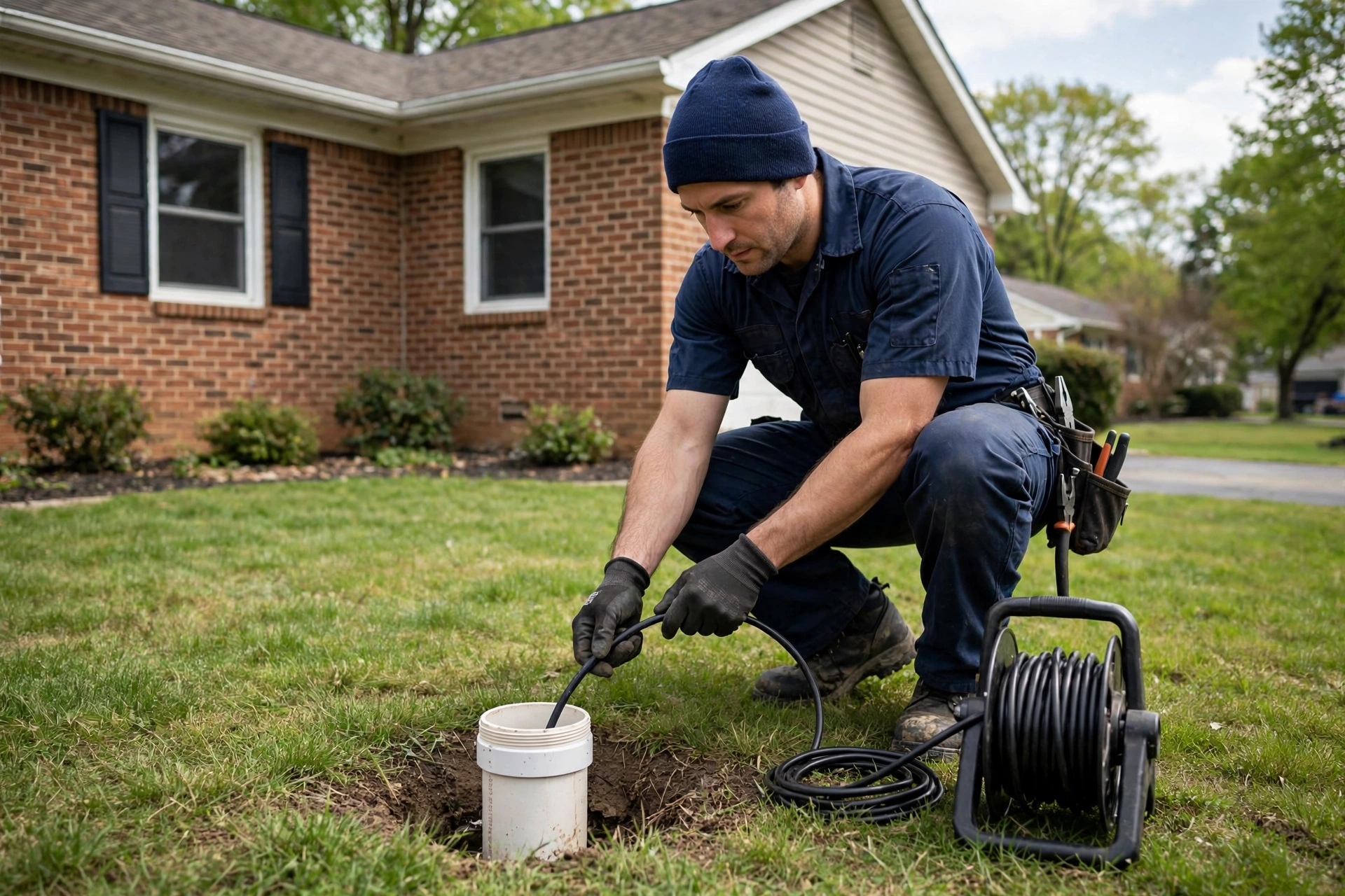 Technician requirementding a sewer camera cable into an outdoor cleanout in front of a suburban Ohio brick ranch house