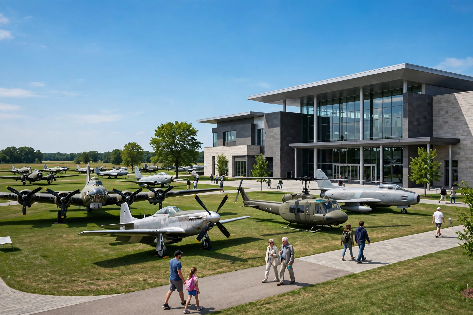 Military aviation museum exterior with historic aircraft on display in Ohio