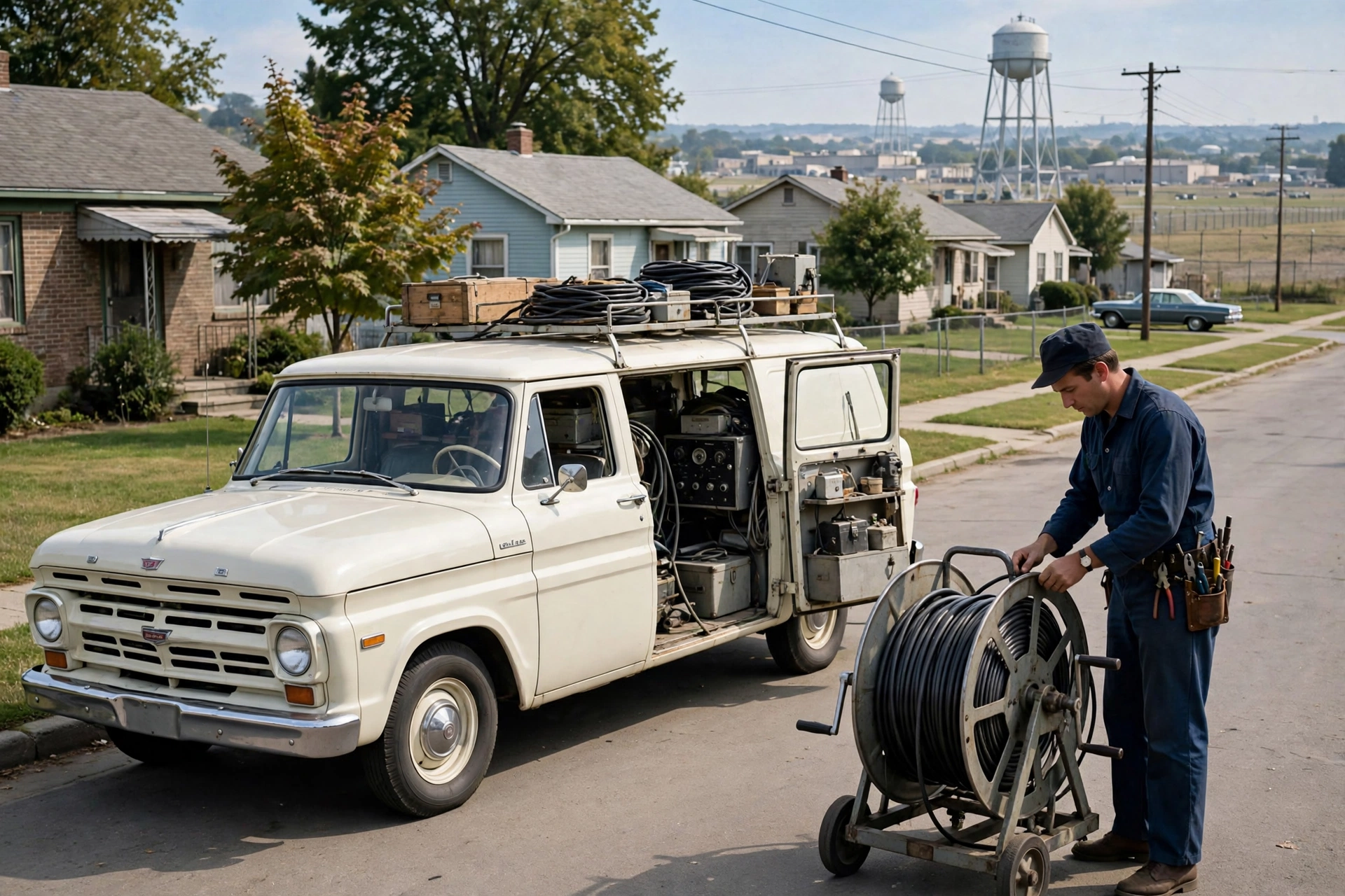 Sewer camera inspection van and technician in a 1960s Riverside suburb near Wright-Patterson Air Force Base