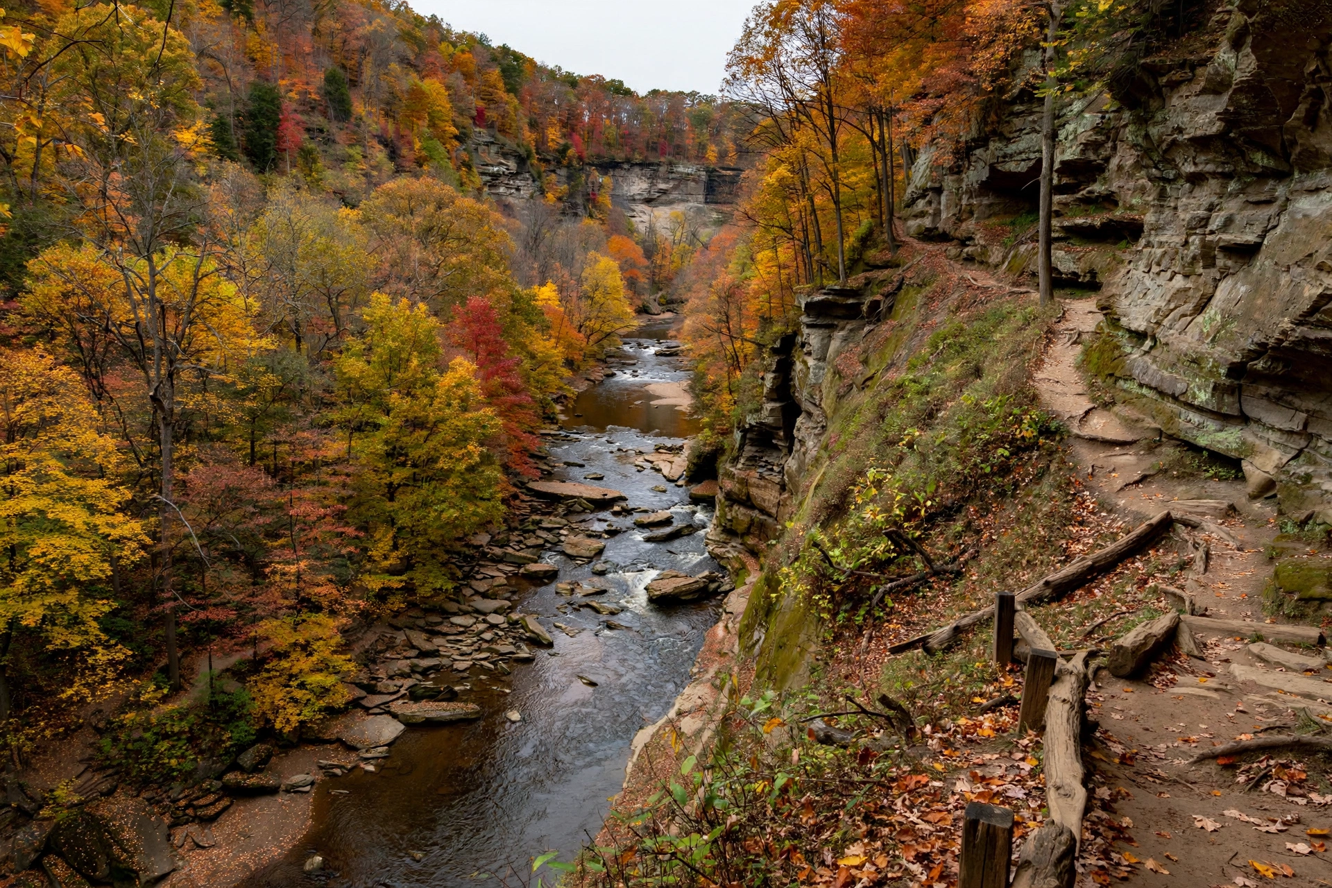 Rocky River valley gorge with sandstone cliffs and wooded trails in Rocky River, Ohio