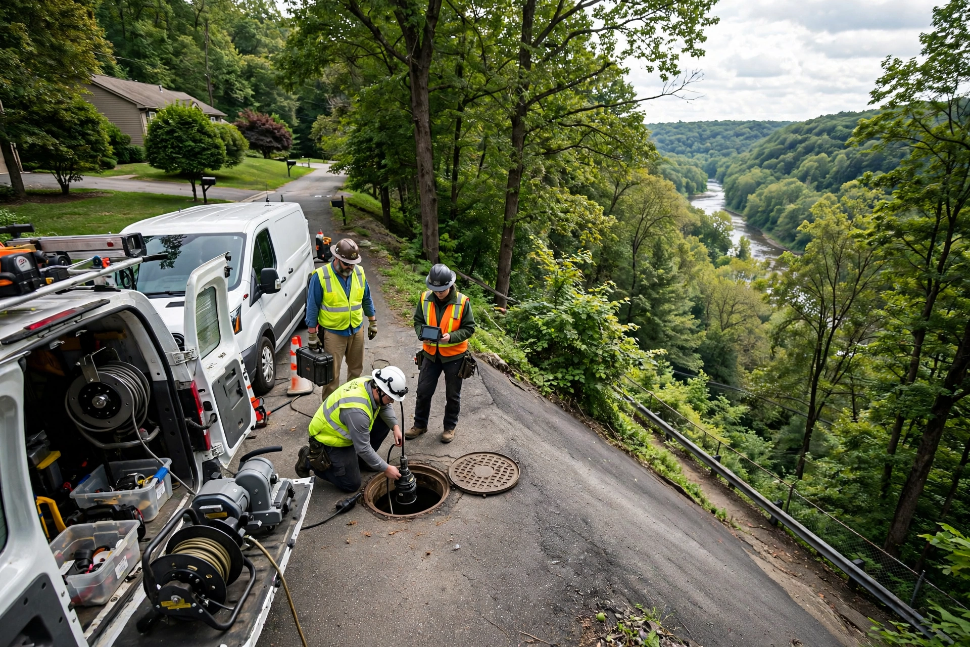 Sewer inspection crew working on a steep residential driveway in Rocky River, Ohio, above the wooded river valley