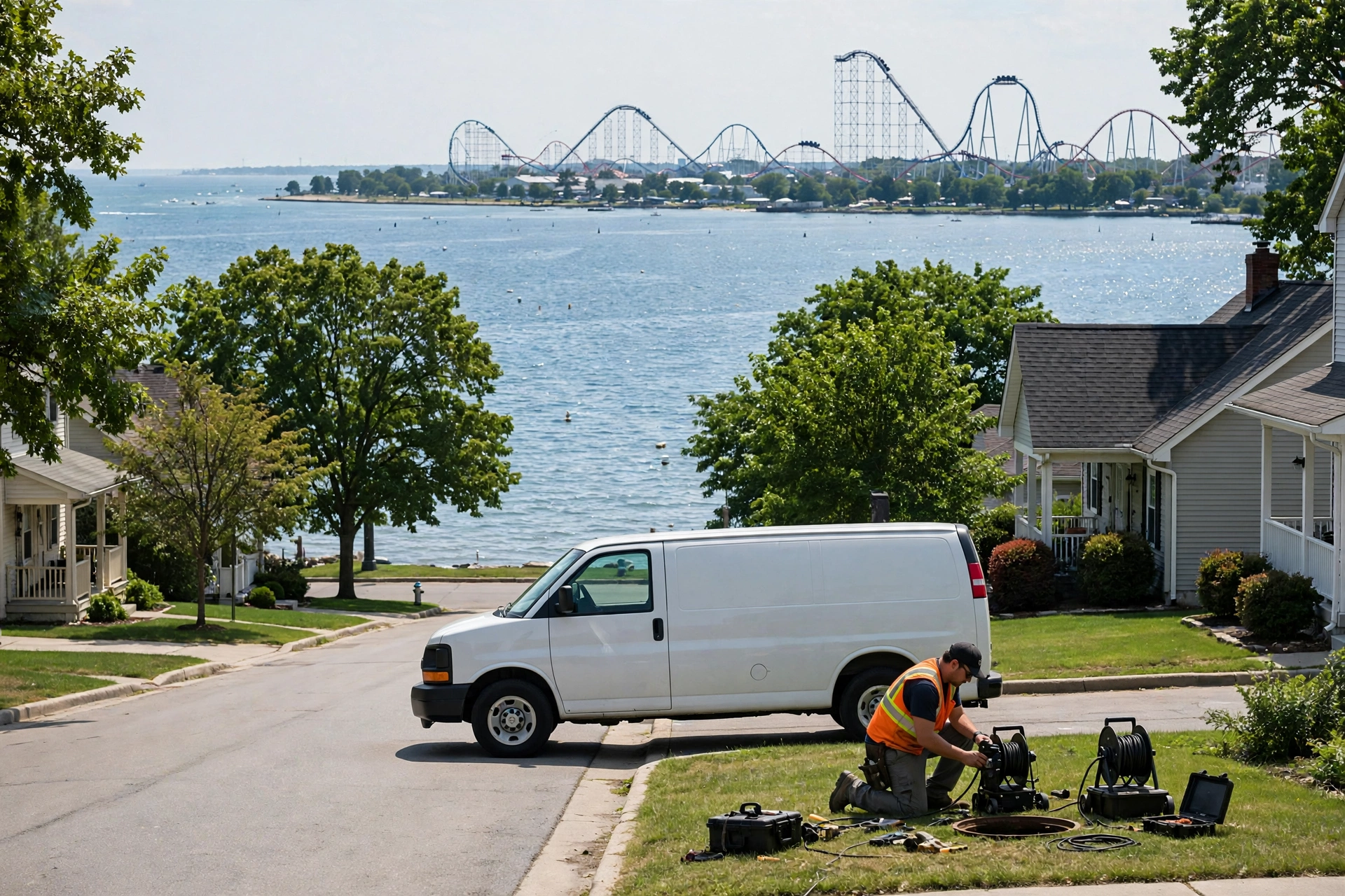 Sewer service van and technician with camera inspection equipment at a Sandusky home on the Lake Erie waterfront, roller coasters visible across the bay