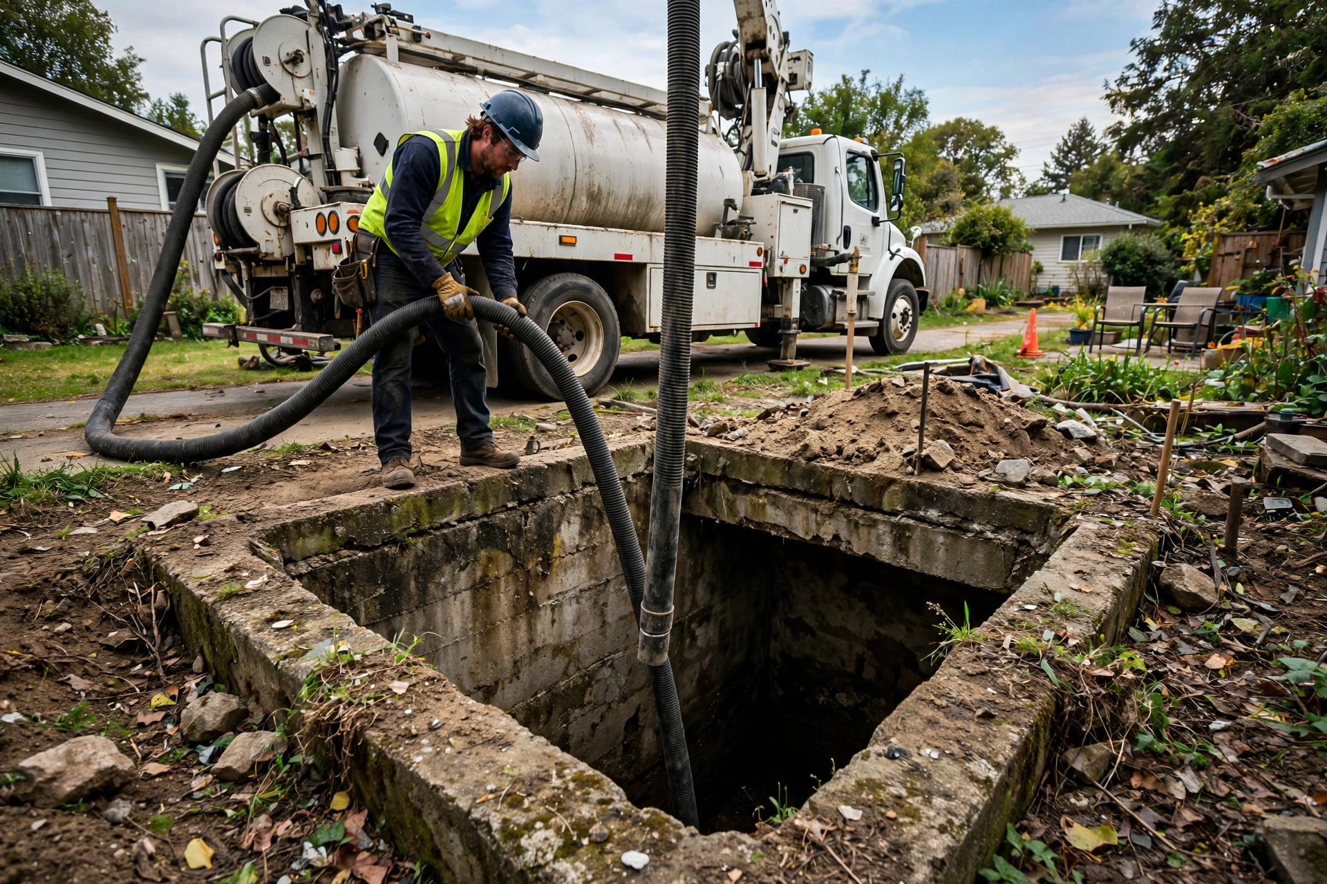 Vacuum pump truck hose being lowered into an old exposed concrete septic tank during proper septic tank abandonment in a residential backyard