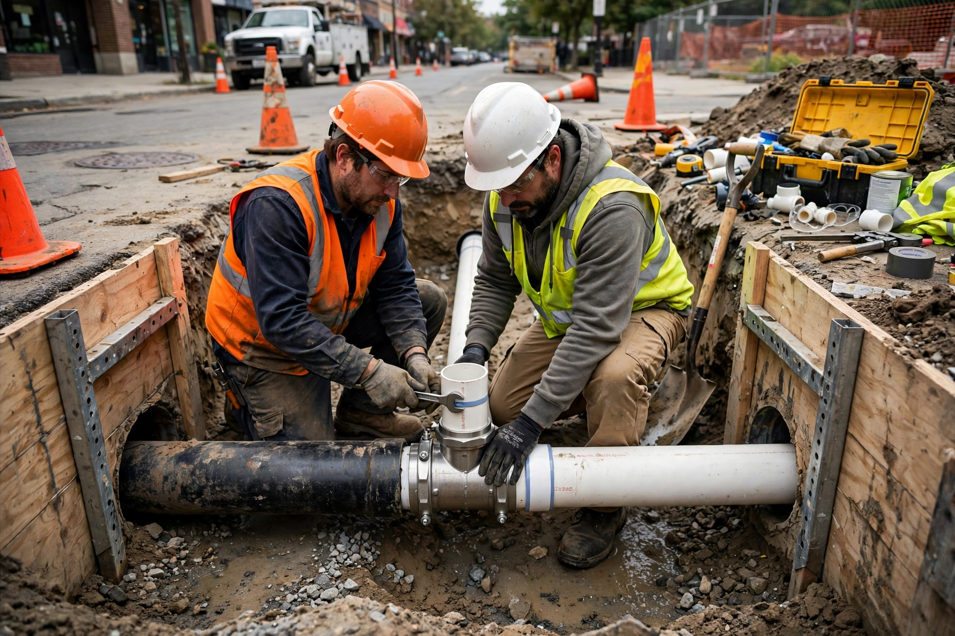 Construction workers connecting a new white PVC residential sewer lateral to a municipal sewer main with a saddle tap fitting in a street trench