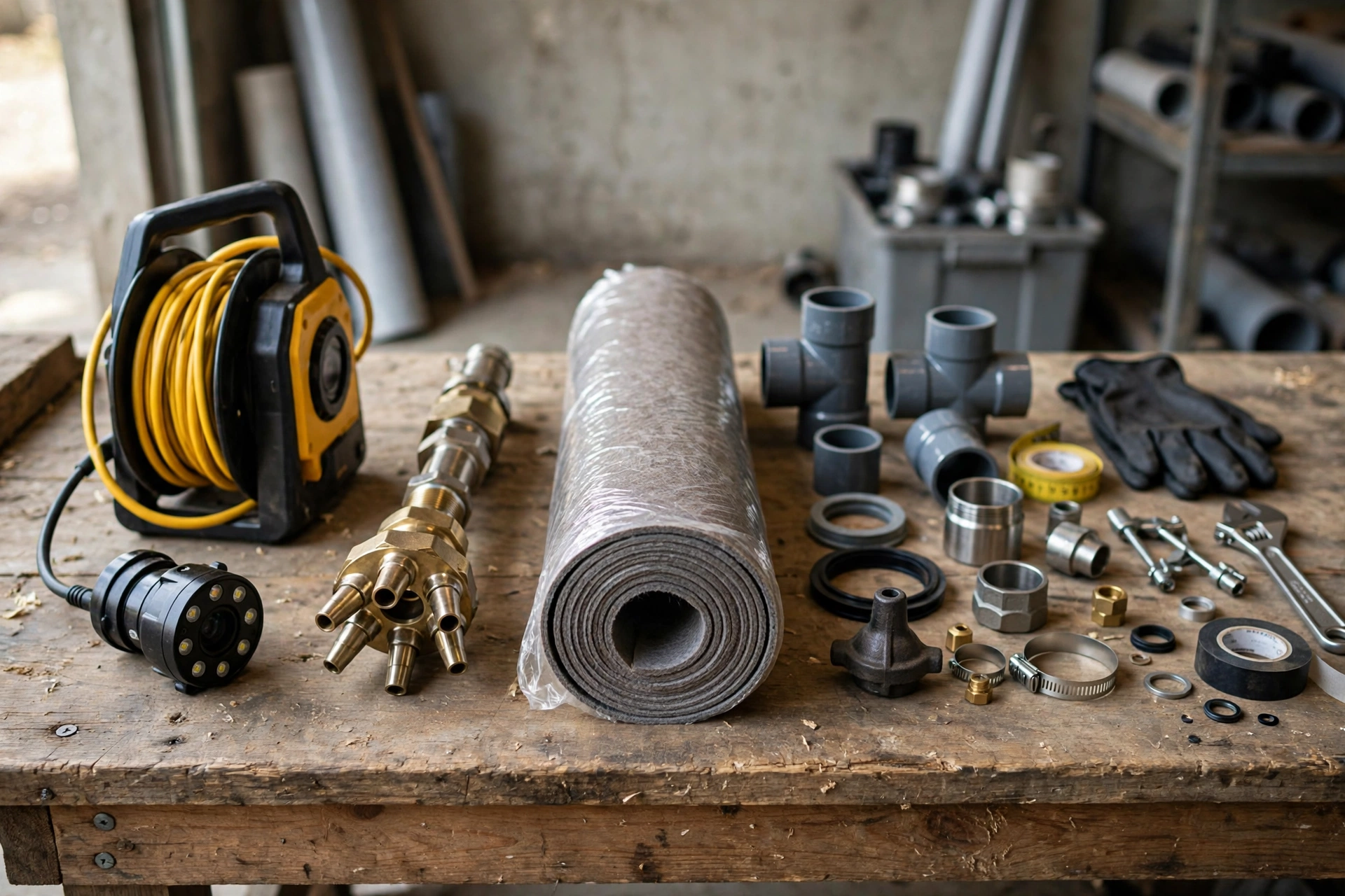 Sewer repair tools and equipment: inspection camera, hydro jetter nozzle, pipe liner, and fittings