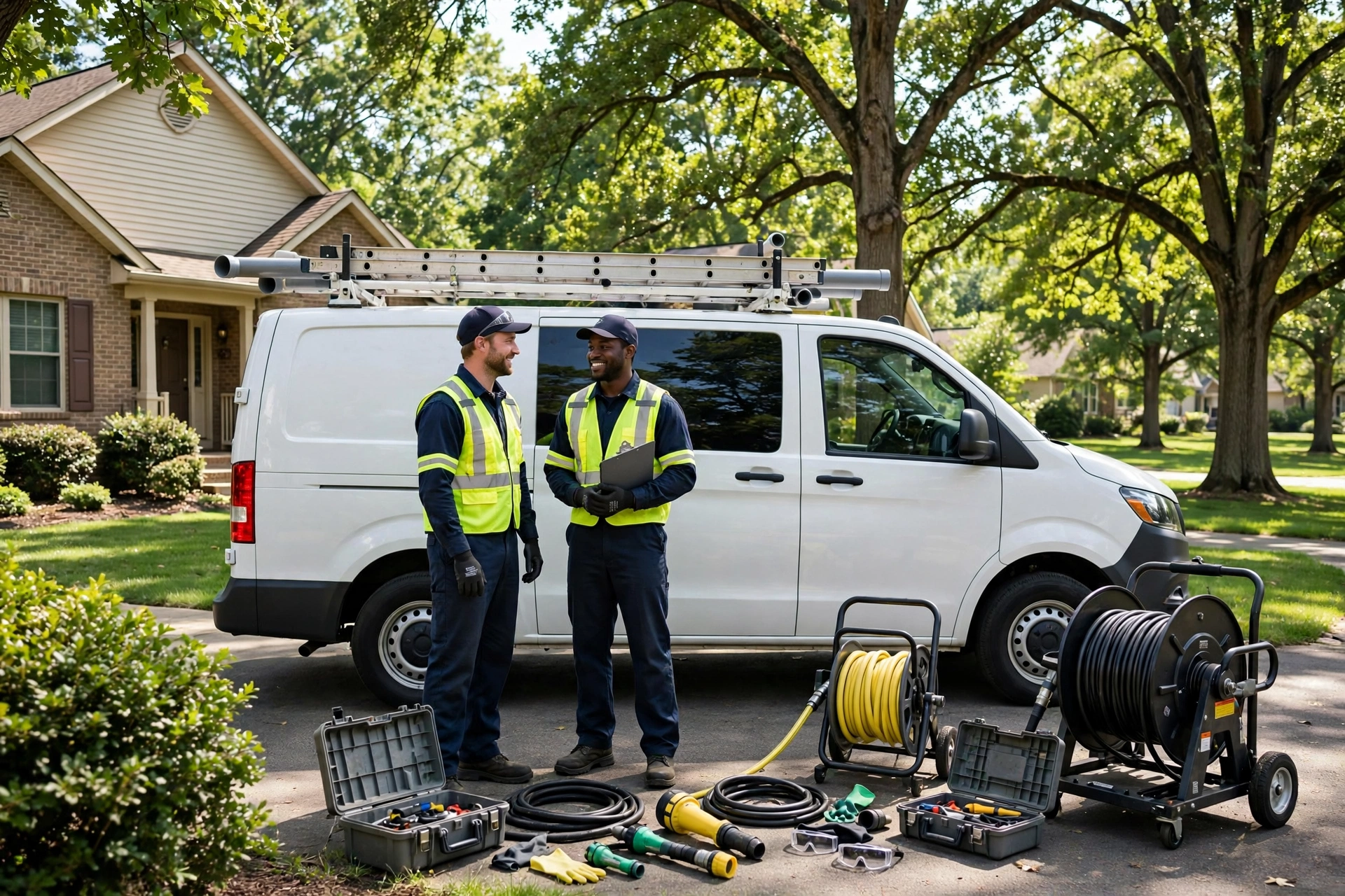 Ohio Sewer Masters work van and uniformed technicians with sewer service equipment in an Ohio suburban driveway