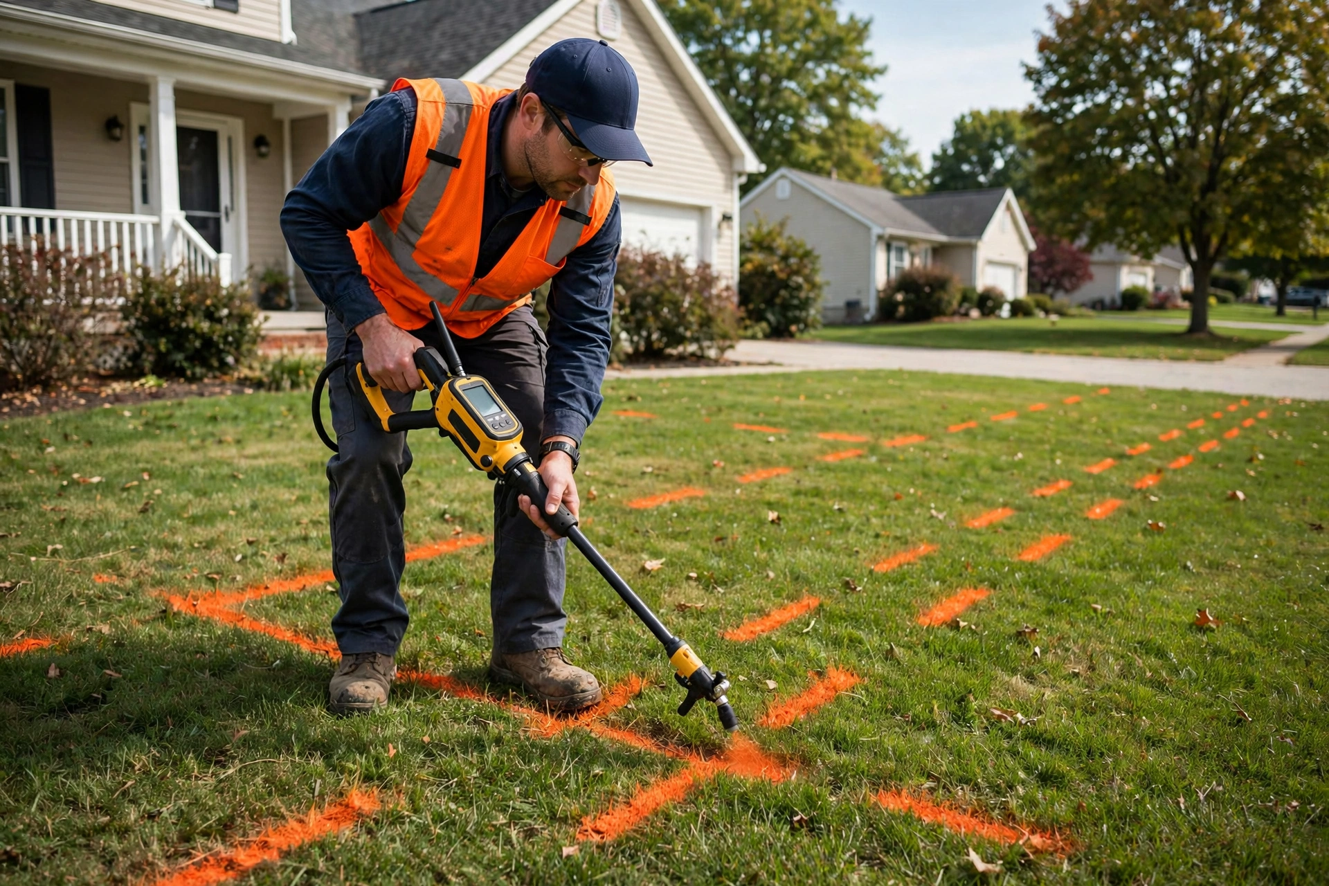 Technician using a pipe locator receiver over an Ohio lawn with orange paint marks tracing the buried sewer line path