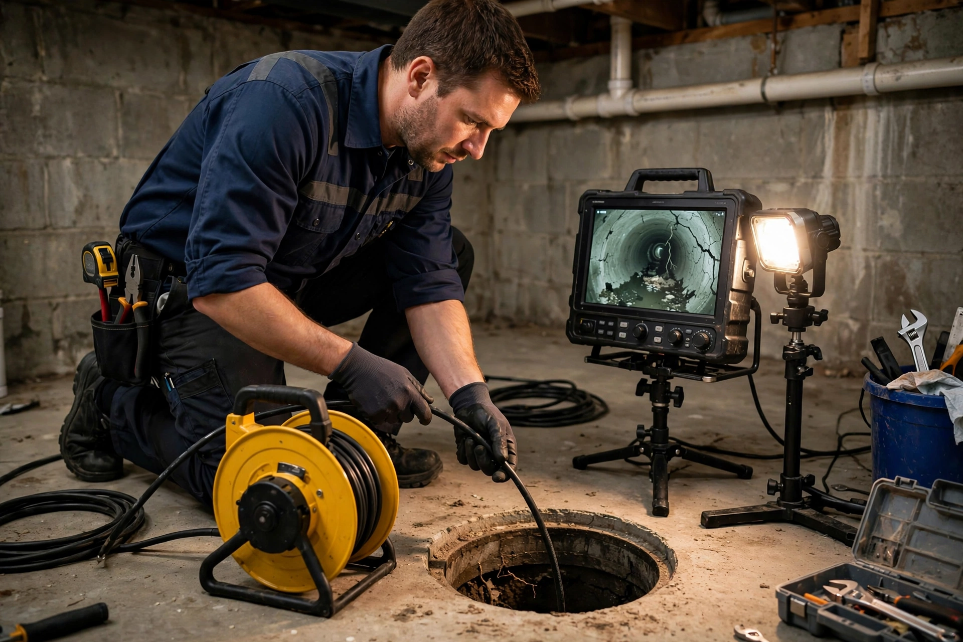 Technician feeding a sewer inspection push camera into a basement cleanout while watching the pipe interior on a monitor in an Ohio home