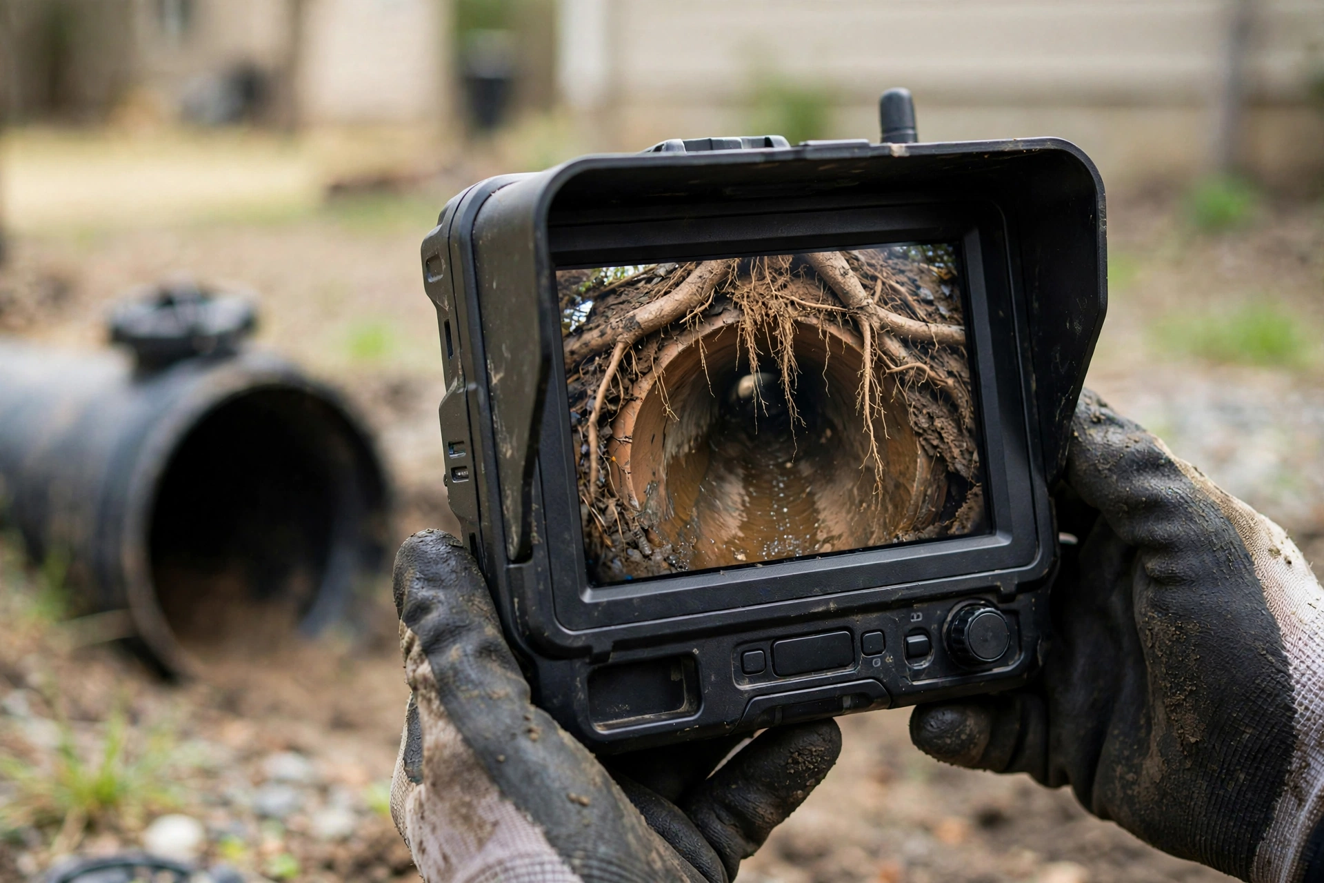 Sewer camera monitor displaying tree roots growing inside a sewer pipe during an inspection