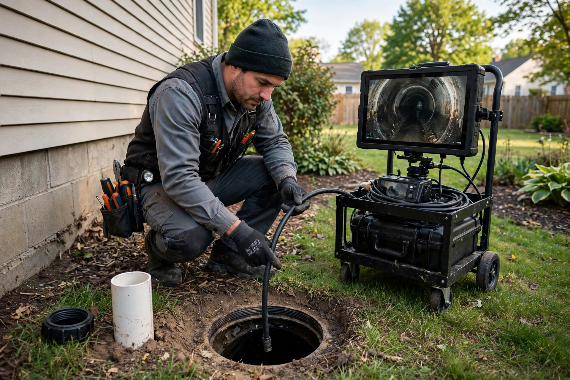 Plumbing technician requirementding a sewer camera cable through an open ground-level sewer cleanout next to a house foundation, with a monitor on a portable cart