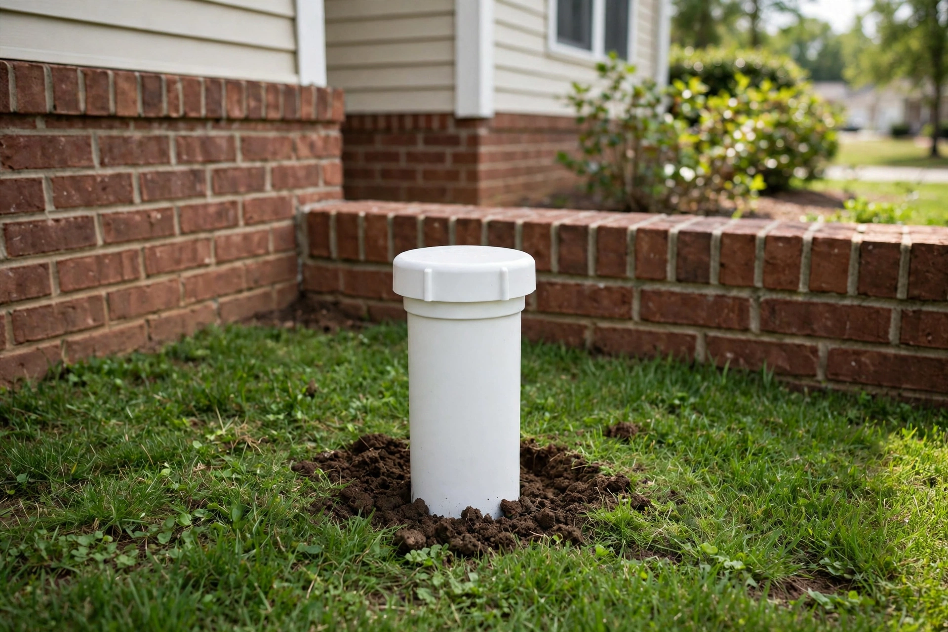Newly installed white PVC sewer cleanout riser with a round cap standing above a tidy Ohio lawn next to a brick house foundation