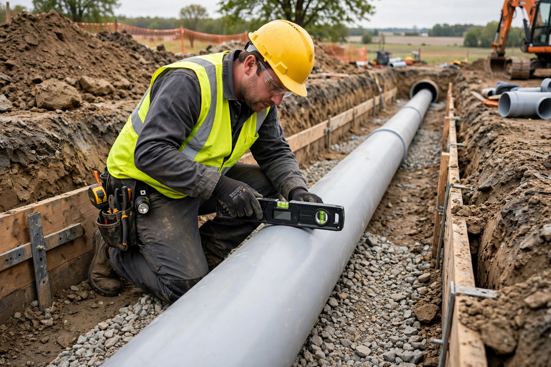 Technician checking pipe slope with a digital level on a newly laid PVC sewer pipe in an open trench