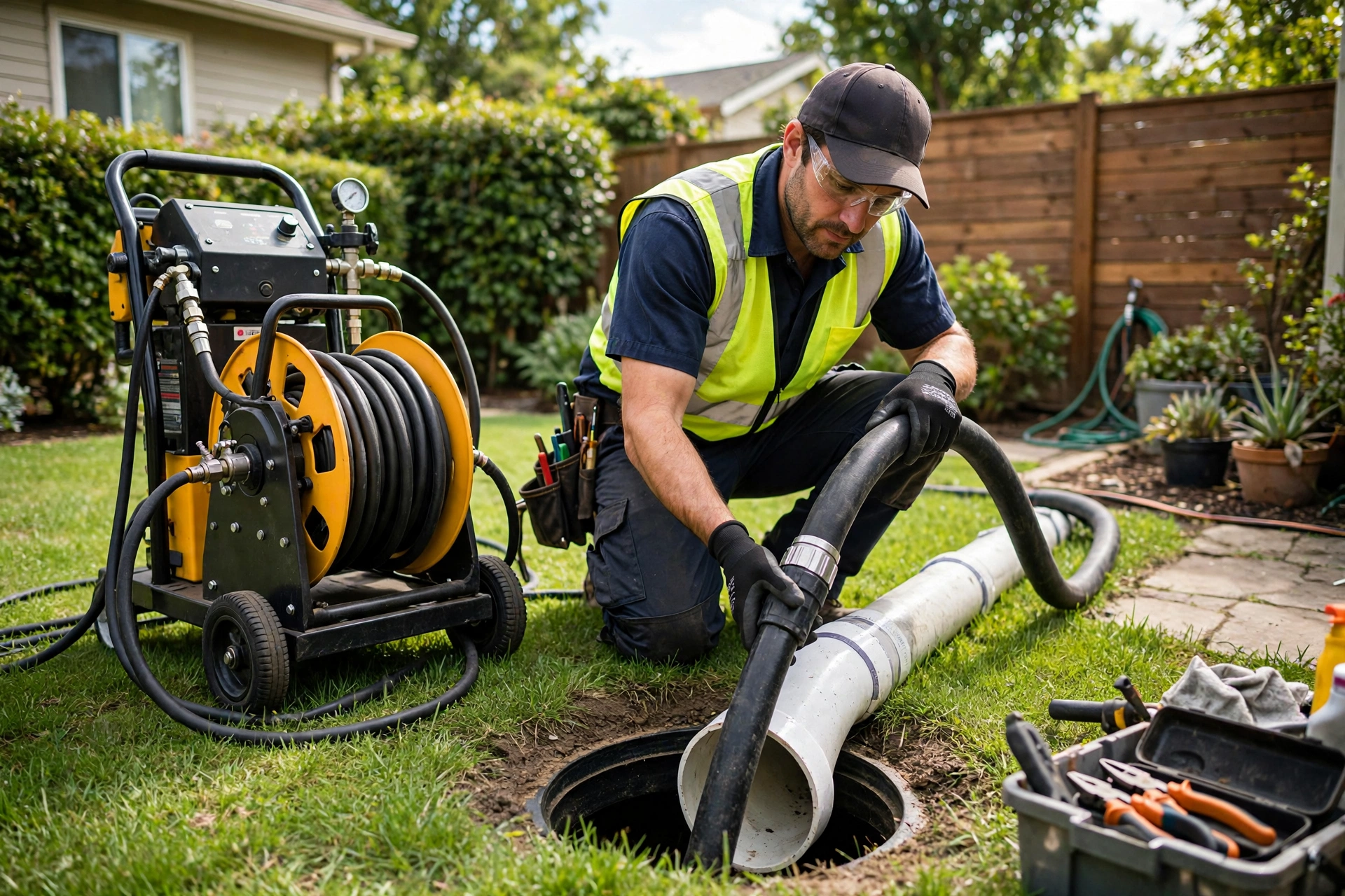 Technician requirementding a hydro jetter hose into a sewer cleanout during a scheduled preventive maintenance visit