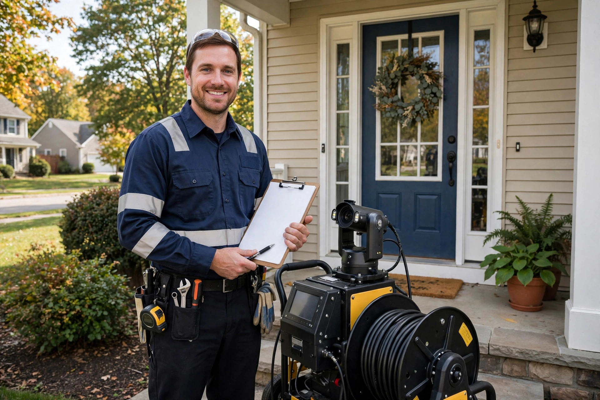 Uniformed technician with a clipboard and sewer camera equipment at the front door of a suburban Ohio home for a scheduled maintenance visit