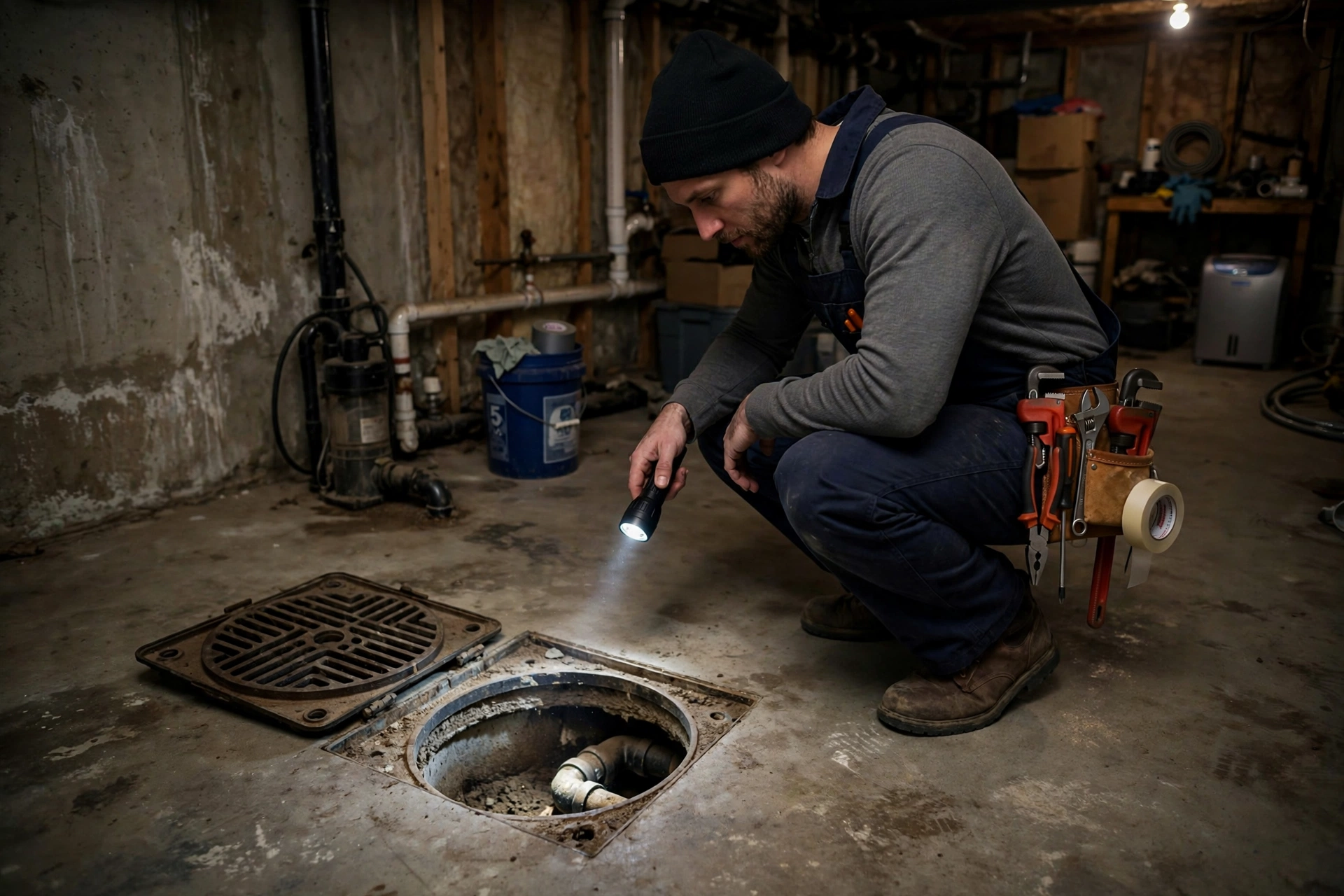 Plumber with a flashlight inspecting an open dry floor drain in a residential basement during an odor diagnosis