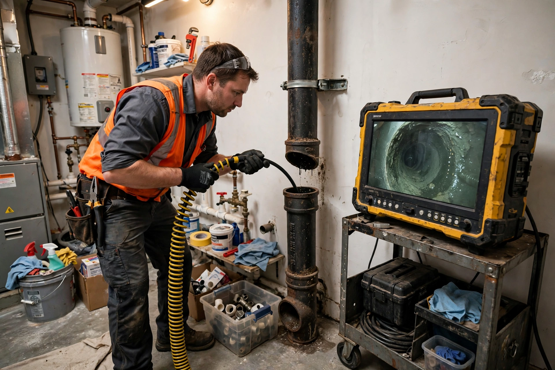 Technician requirementding a sewer camera cable into an indoor vertical vent stack pipe with a monitor showing the pipe interior