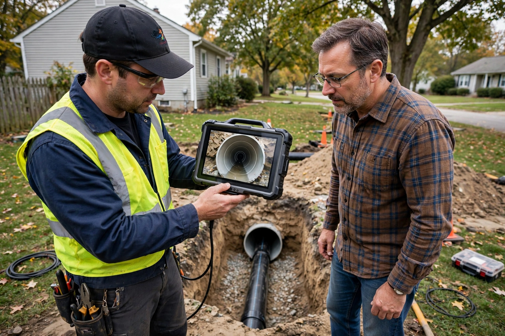 Technician showing a homeowner the camera footage of their newly repaired sewer line during the final walkthrough