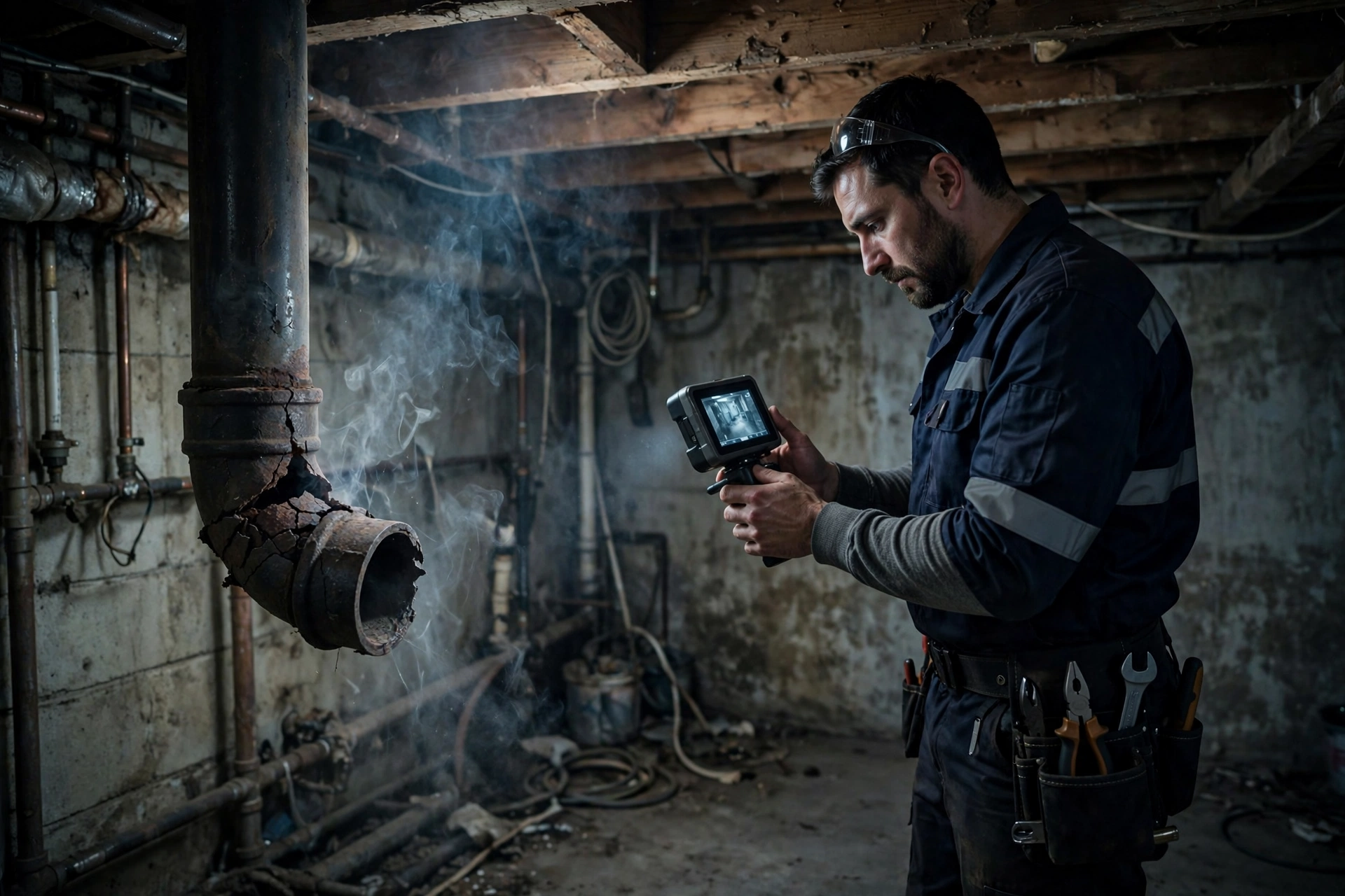 Technician in a basement watching wisps of white smoke drift from a cracked cast iron drain pipe joint during a smoke test