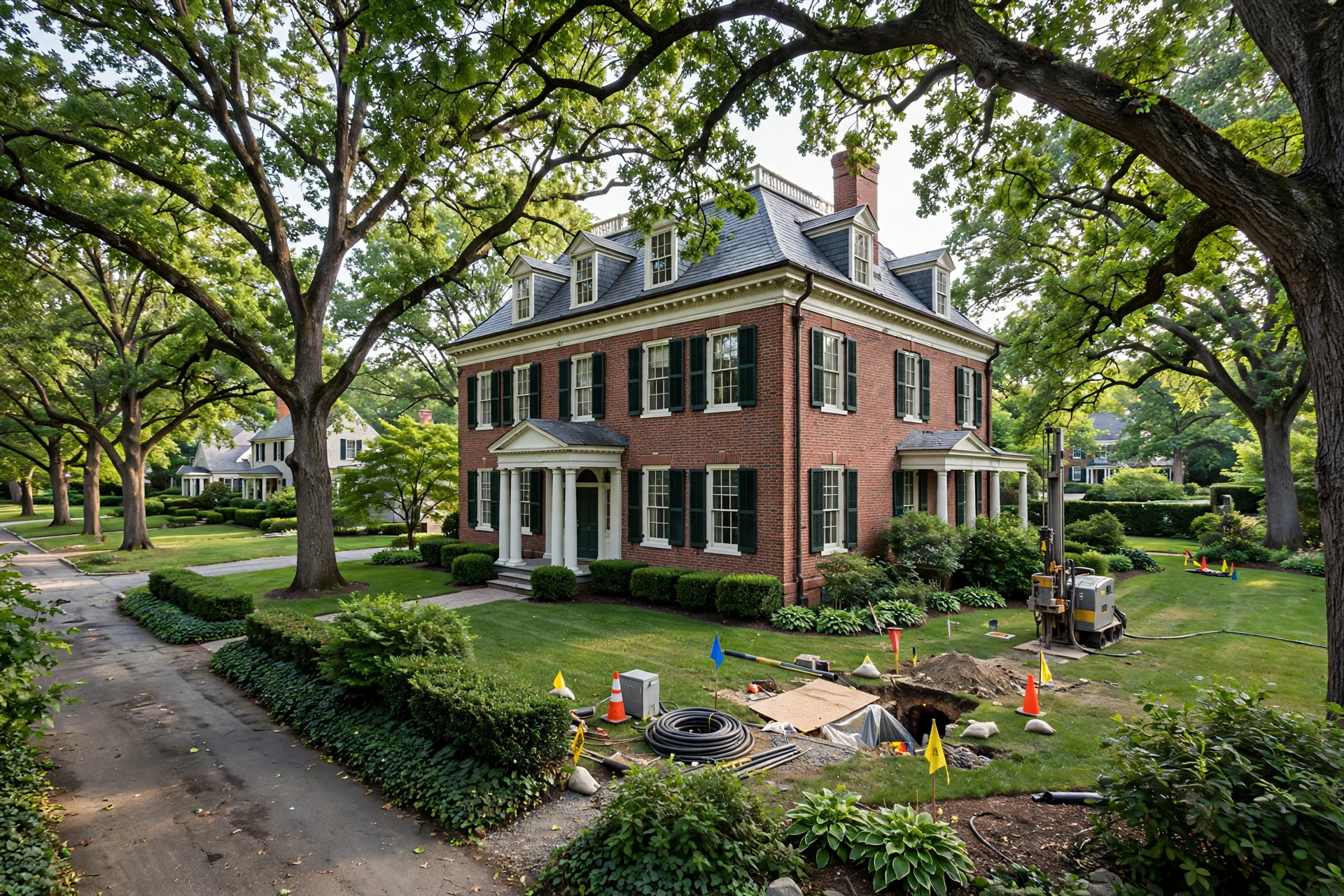 Historic 1920s colonial mansion in Shaker Heights, Ohio with a manicured lawn and mature oak trees, where a trenchless sewer repair crew works discreetly in the side yard