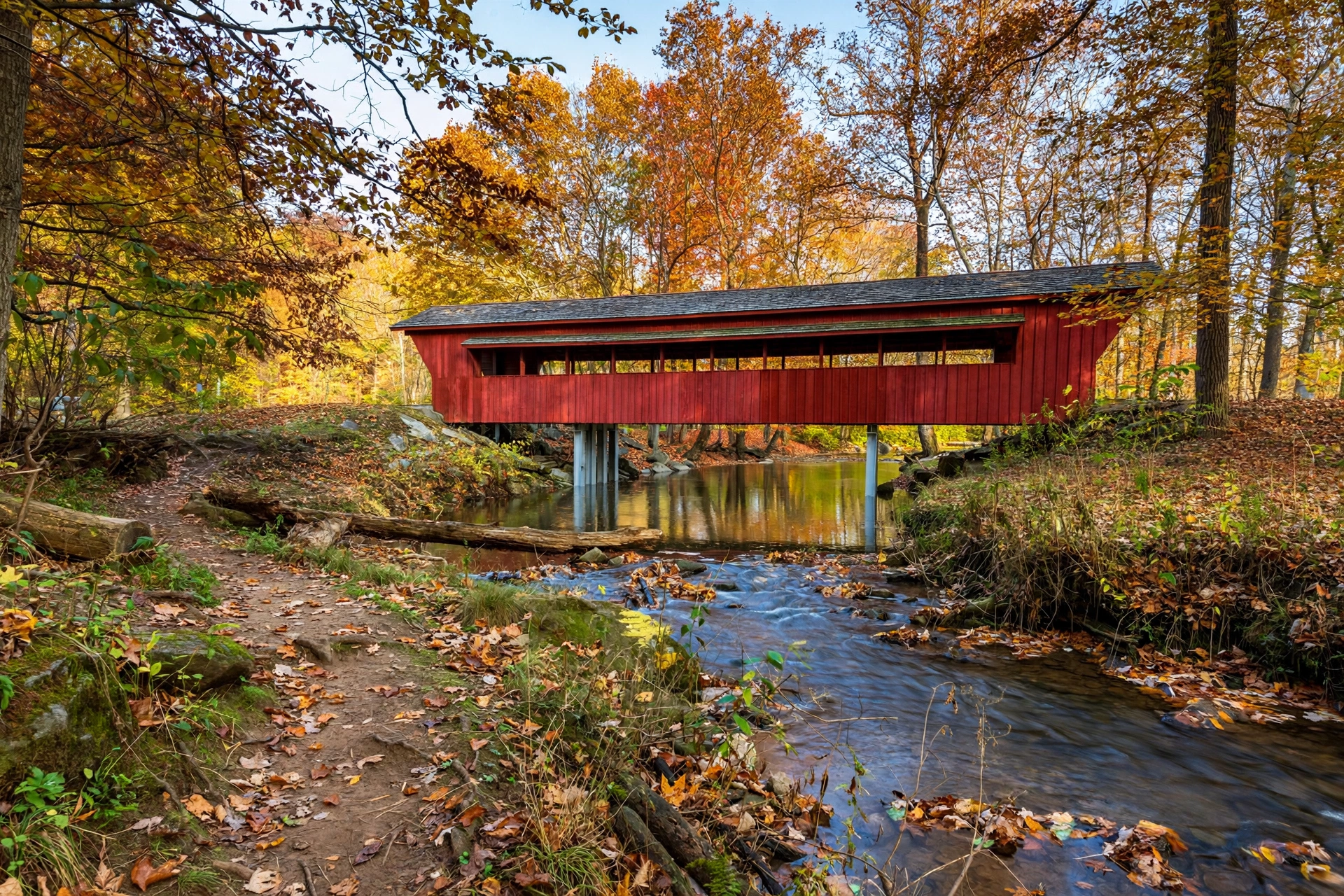 Historic wooden covered bridge crossing a creek in a wooded park in Sidney, Ohio