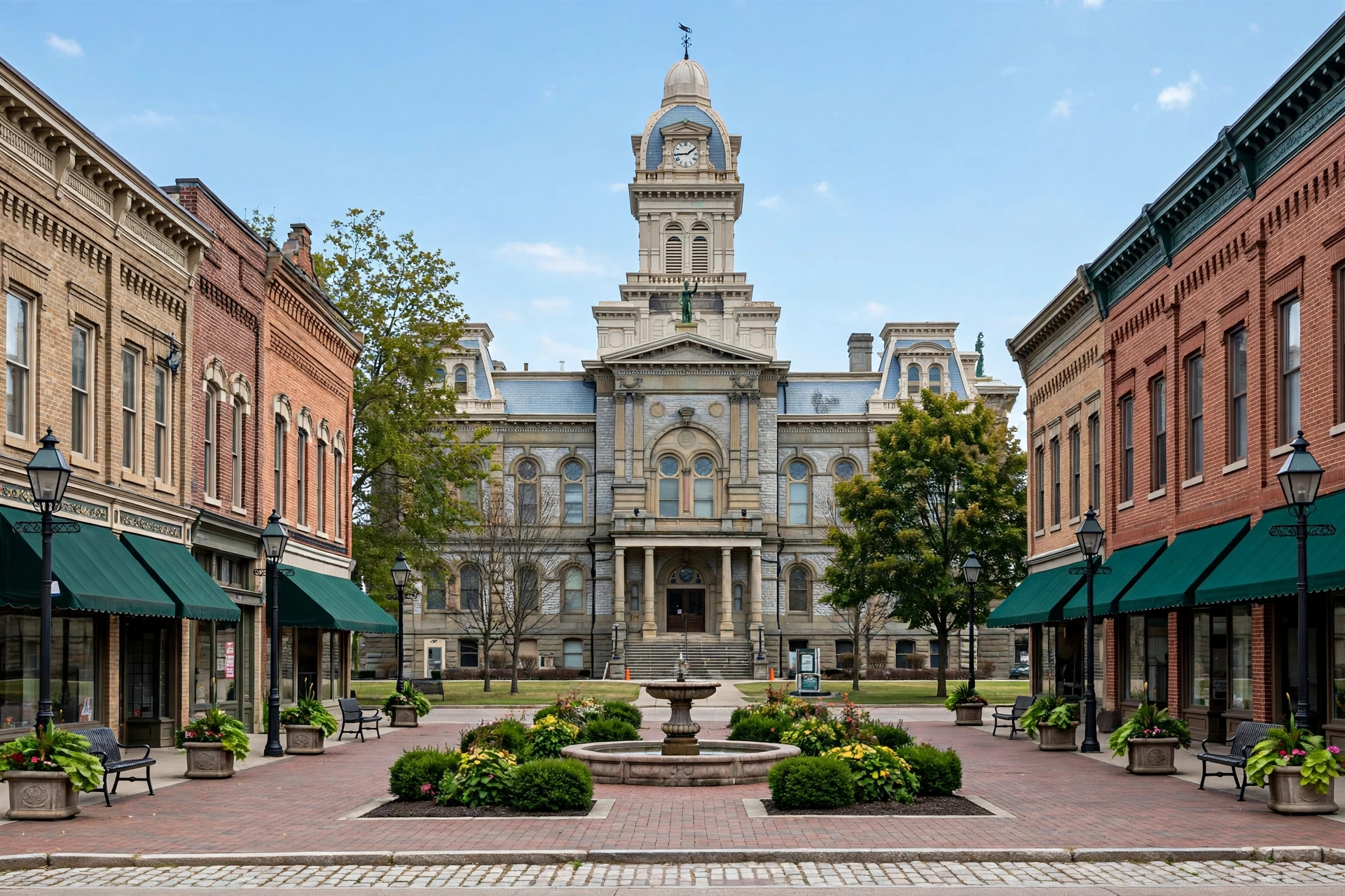Second Empire courthouse with a clock tower on a historic courthouse square in Sidney, Ohio